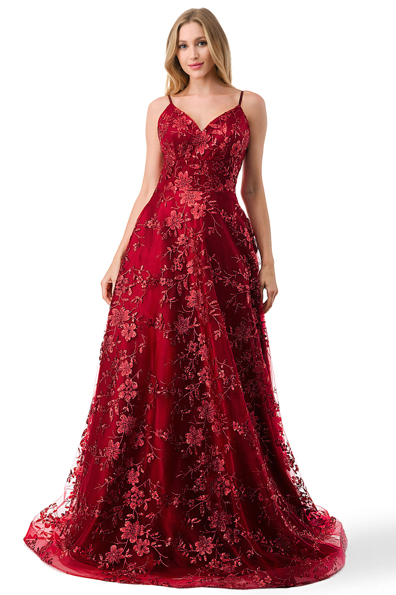 Aspeed Design -L2764B Floral Embroidered  A Line Dress