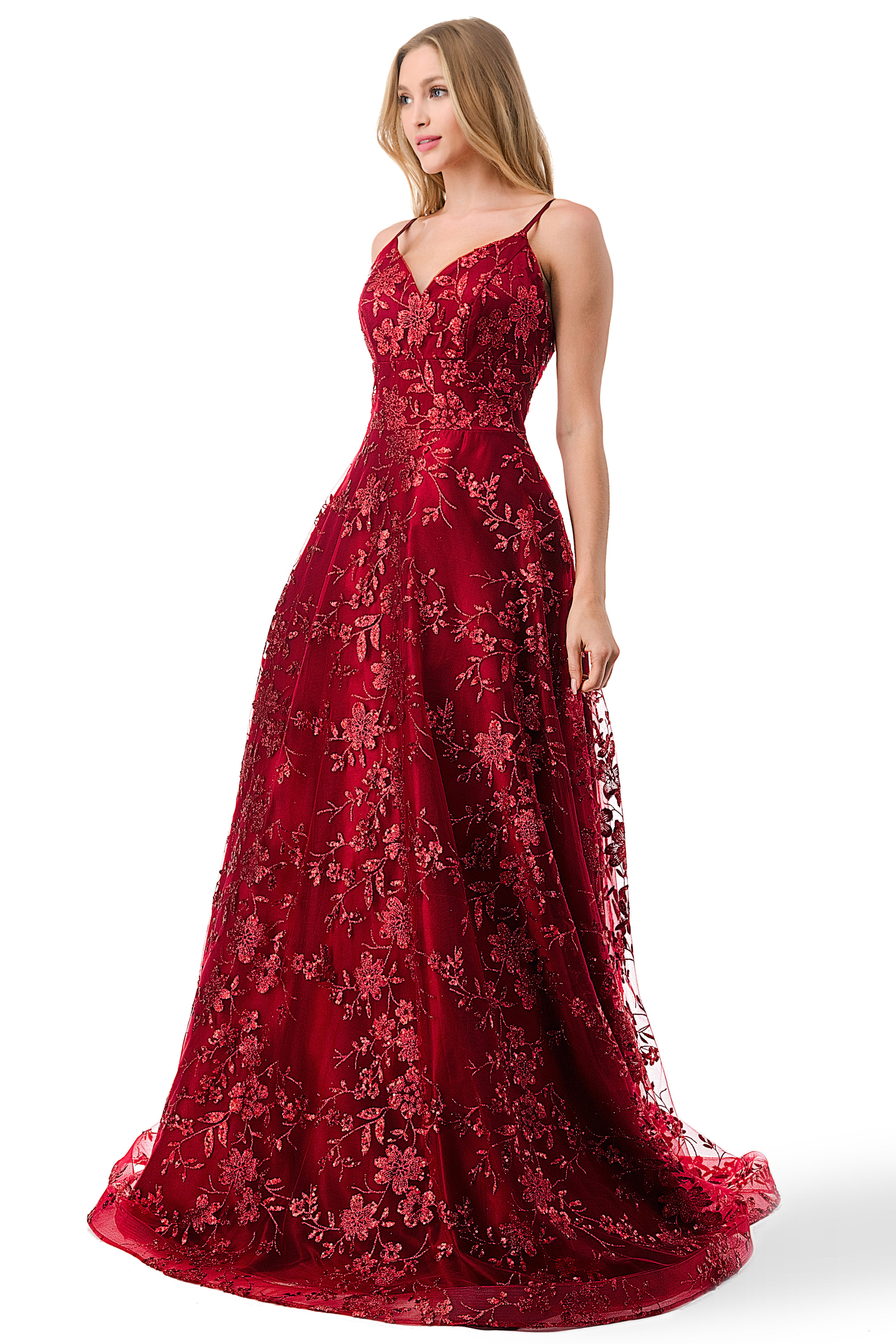 Aspeed Design -L2764B Floral Embroidered  A Line Dress