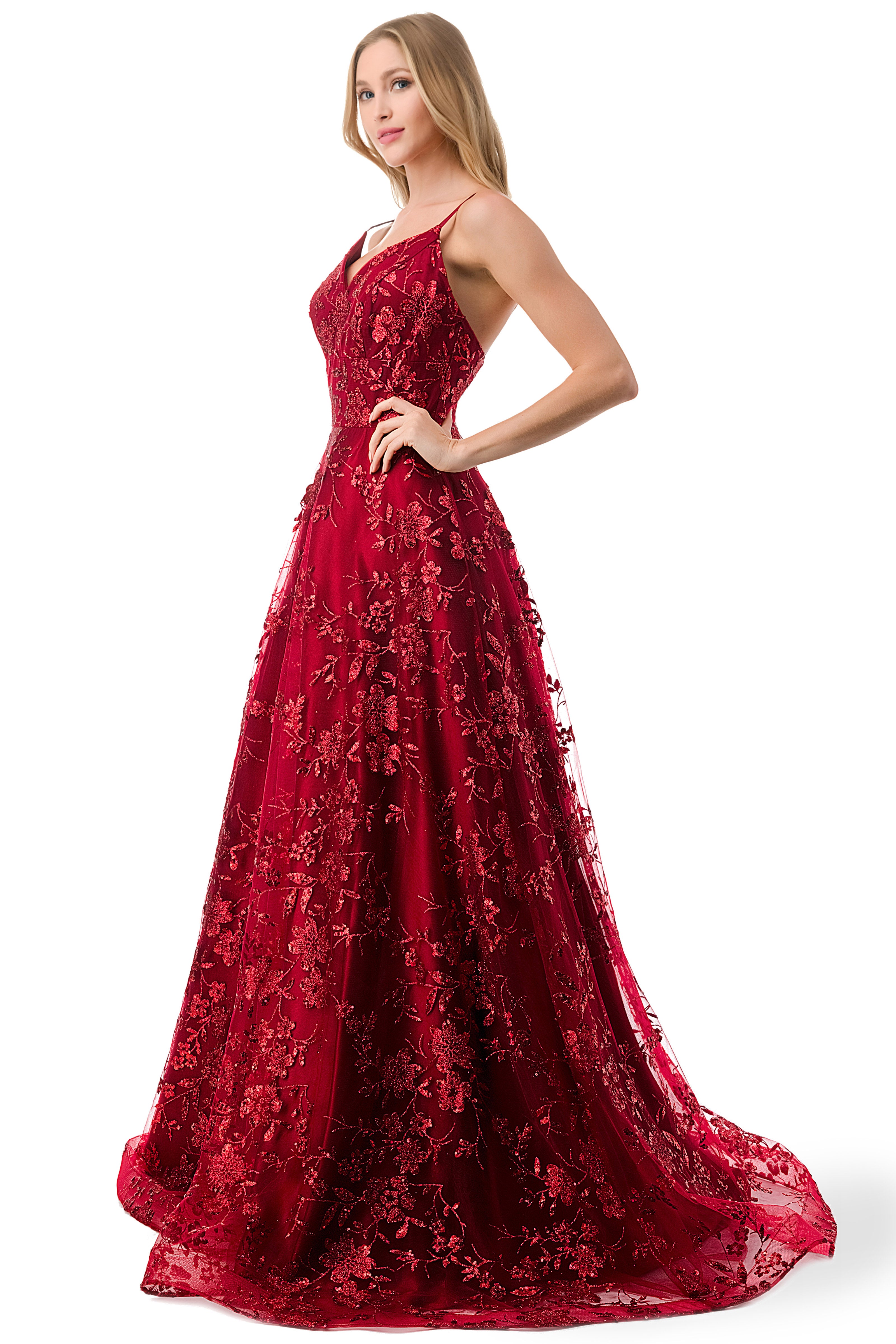 Aspeed Design -L2764B Floral Embroidered  A Line Dress