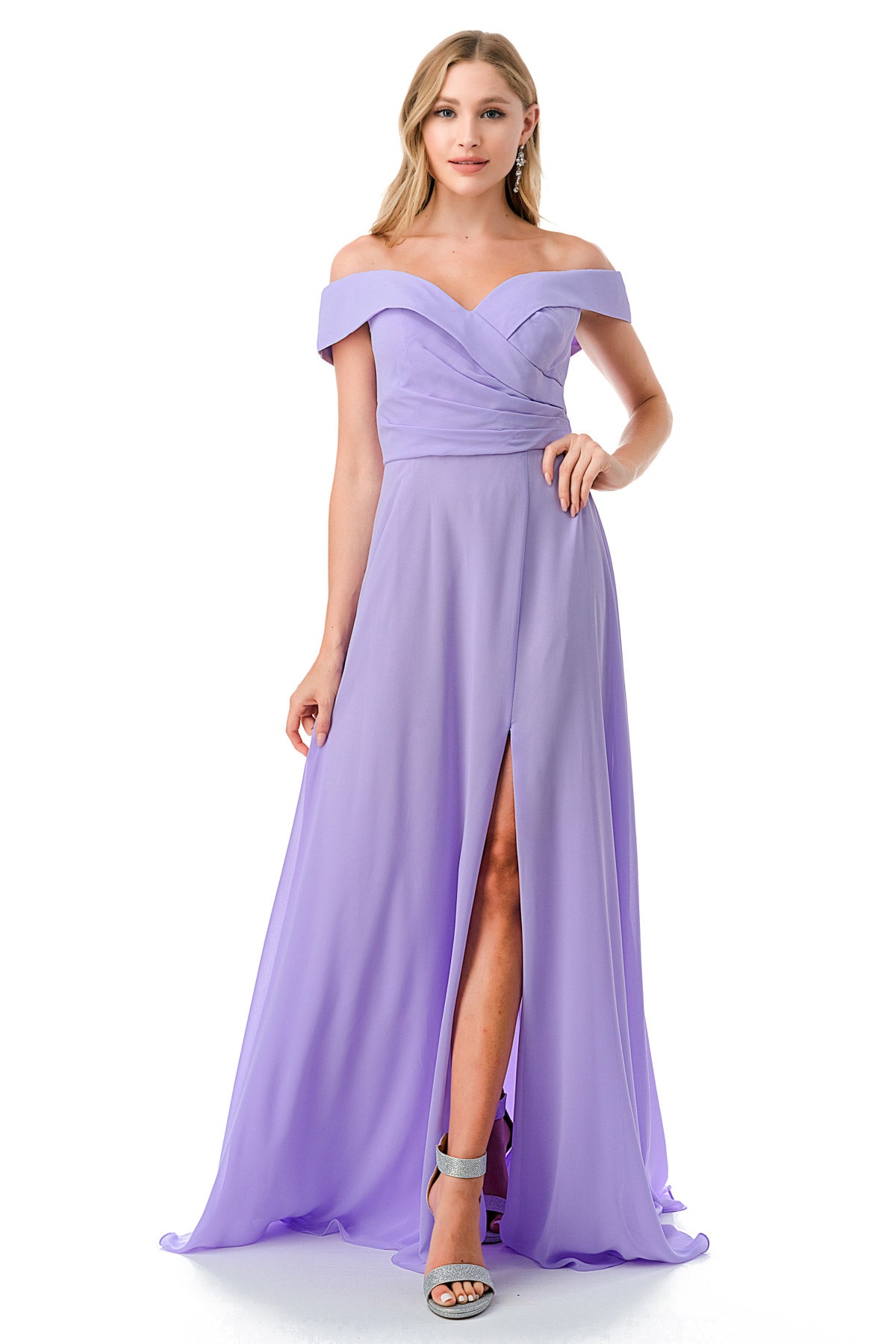 Aspeed Design -L2767Y Off Shoulder Pleated A Line Dress