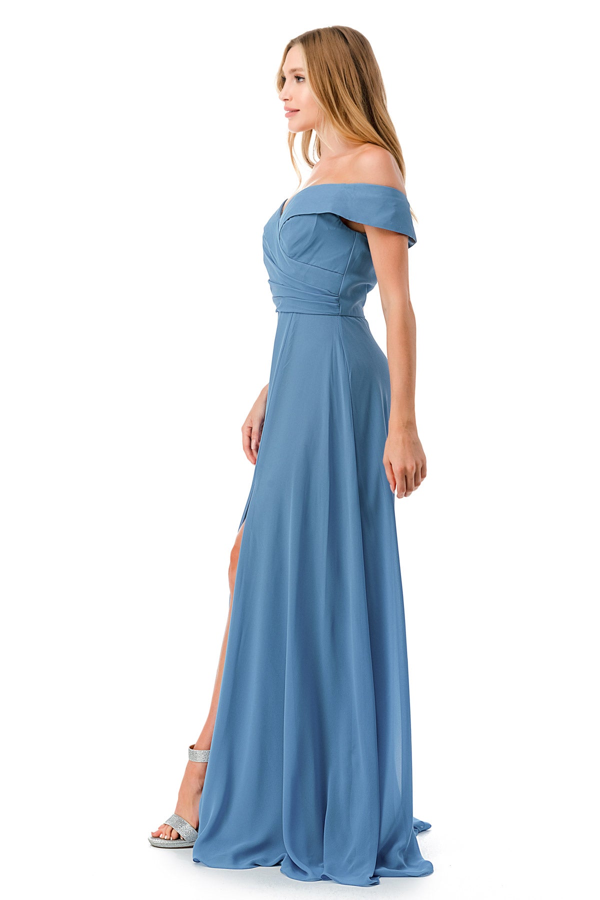 Aspeed Design -L2767Y Off Shoulder Pleated A Line Dress