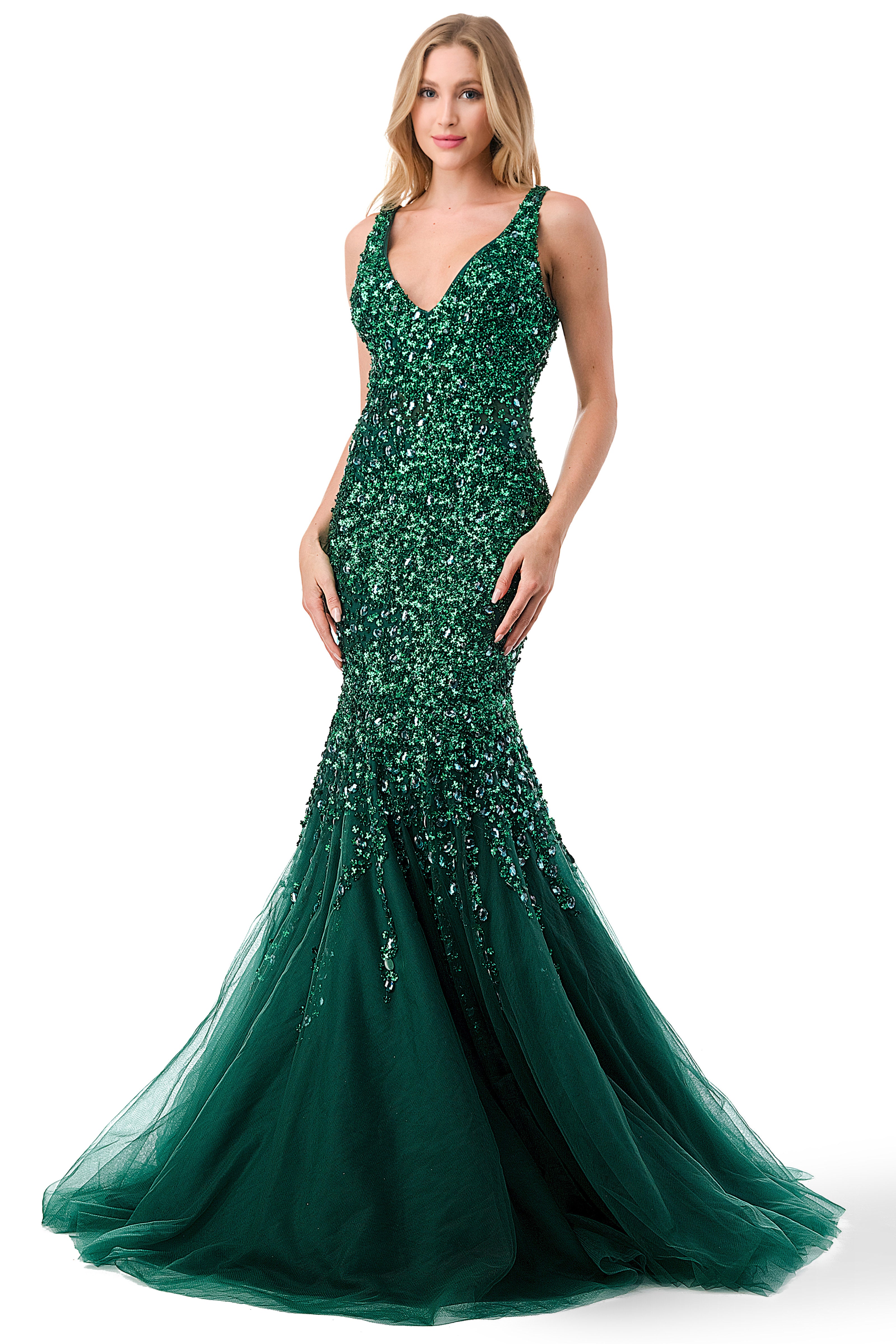 Aspeed Design -L2802K V Neck Embellished Trumpet Dress