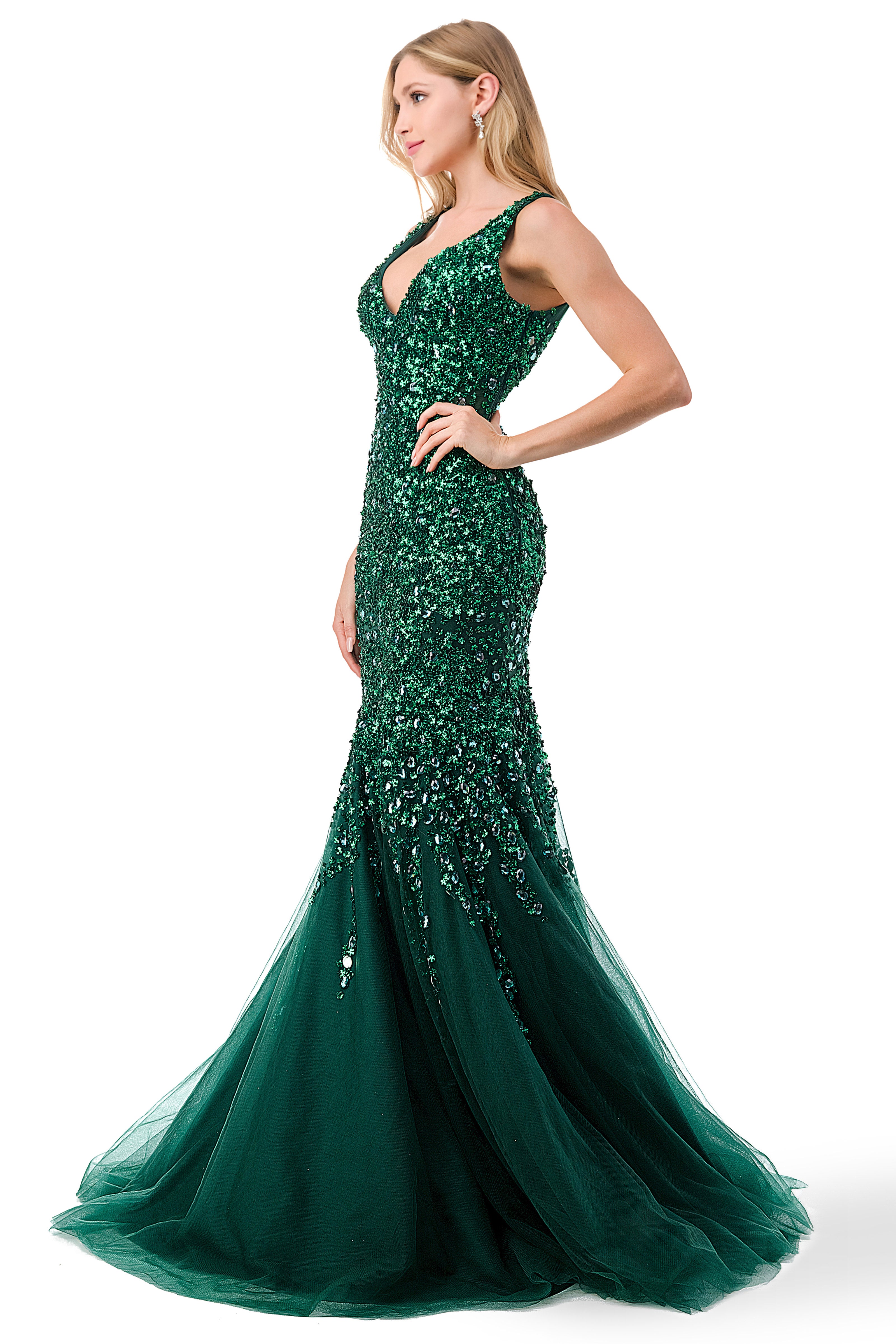 Aspeed Design -L2802K V Neck Embellished Trumpet Dress