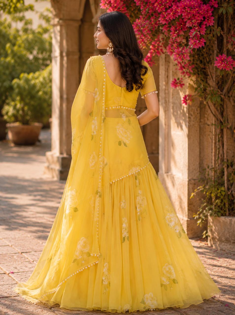 MyFashion -LEH26011 Georgette Hand Print Yellow Lehenga Set Collection