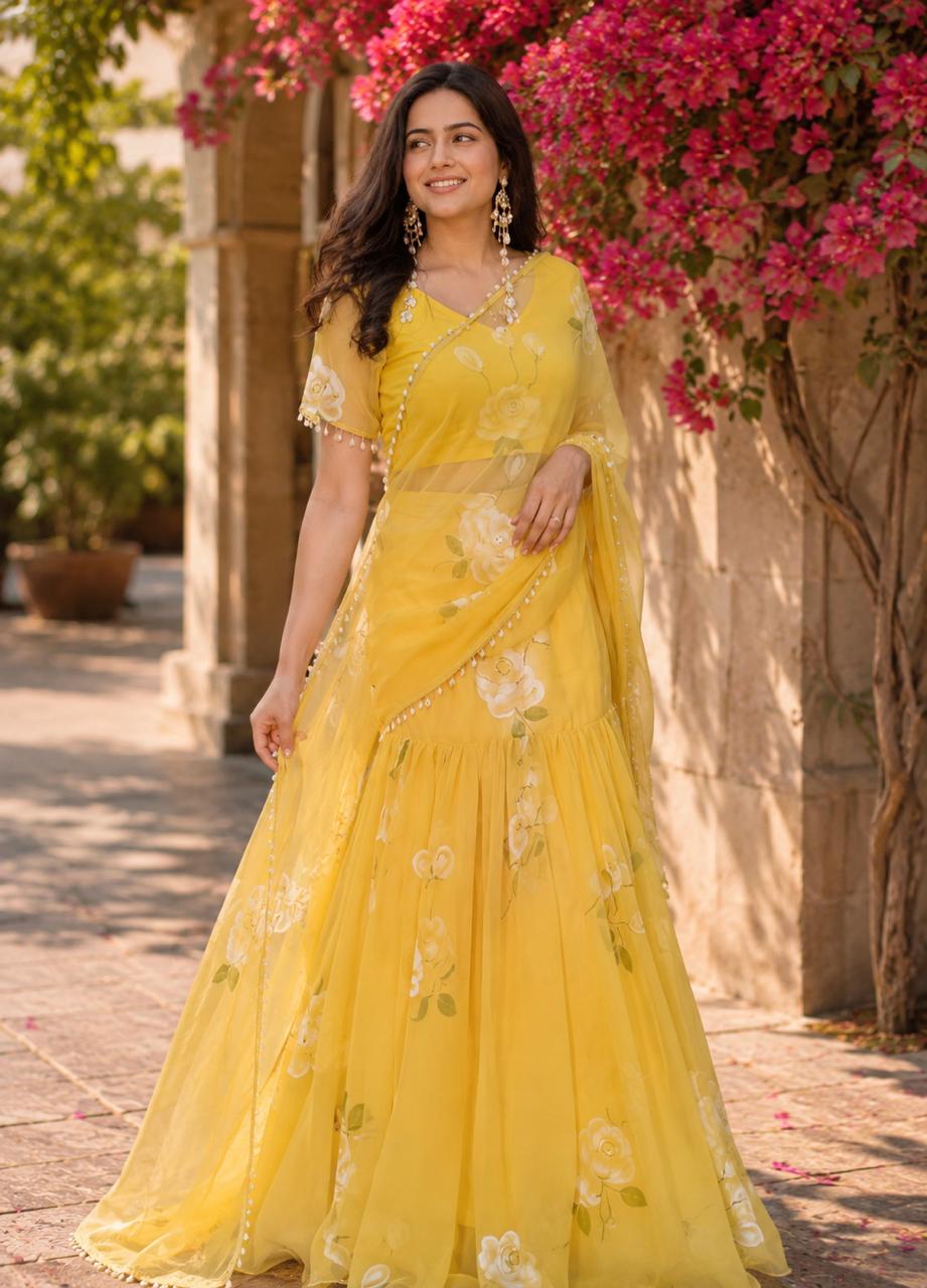 MyFashion -LEH26011 Georgette Hand Print Yellow Lehenga Set Collection