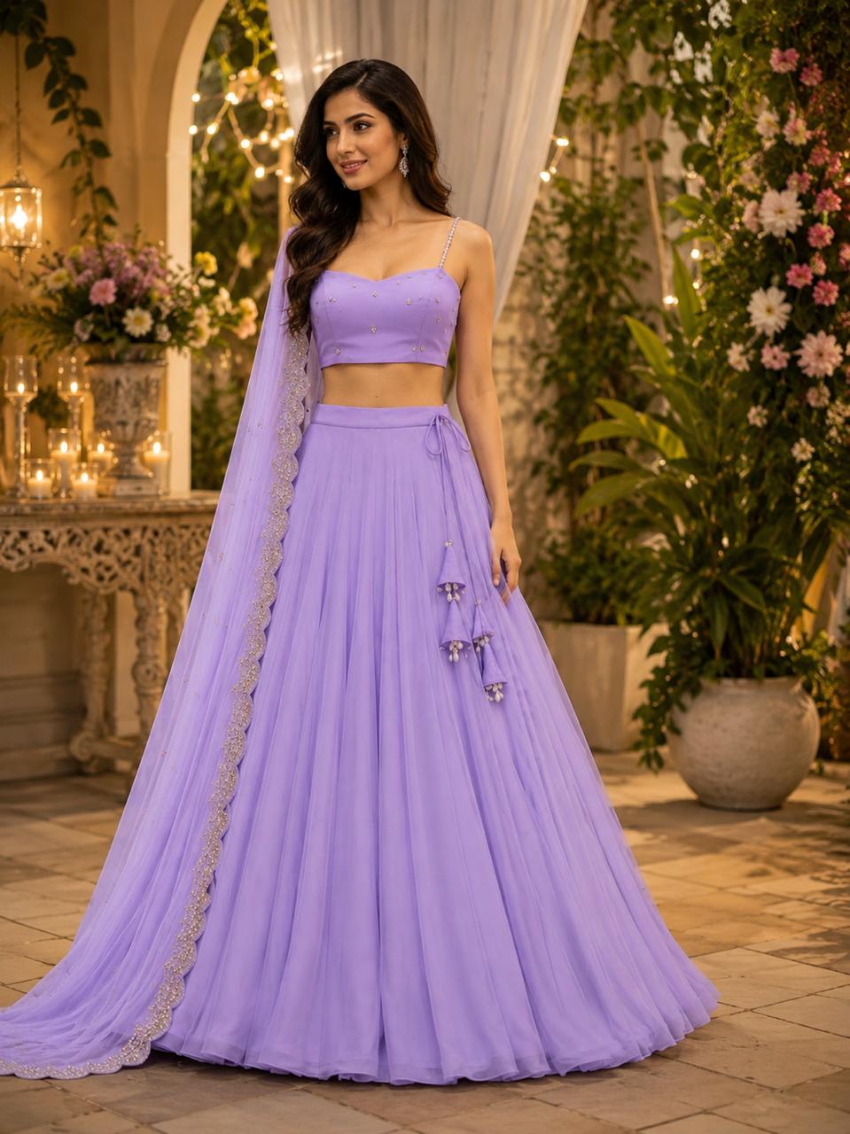 MyFashion -LEH26012 Pure Georgette Lavender Lehenga Set with Handwork Lace Dupatta