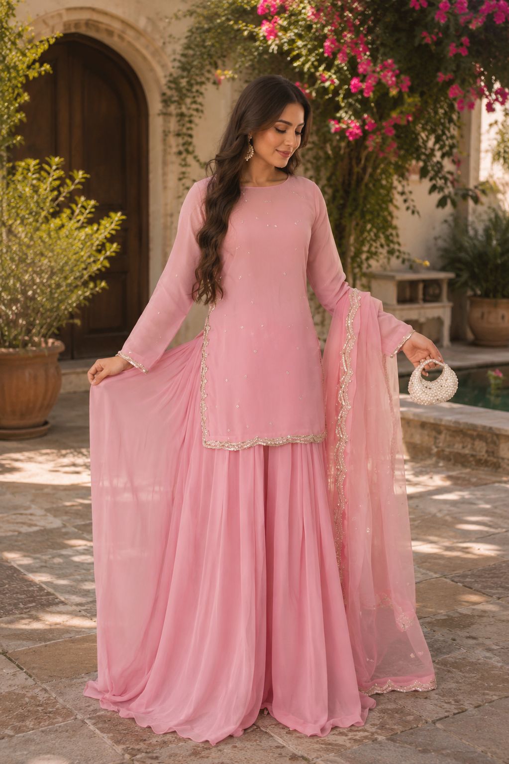 MyFashion -LIB26037 Pure Georgette Sharara Kurti Set with Dupatta – Handwork Collection
