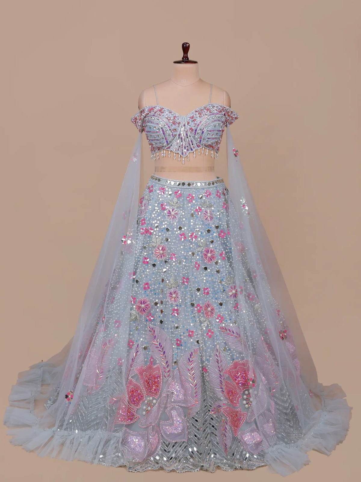 MyFashion KLS-2754 Sky Blue Net PDP Lehenga Pearl Mirror Design