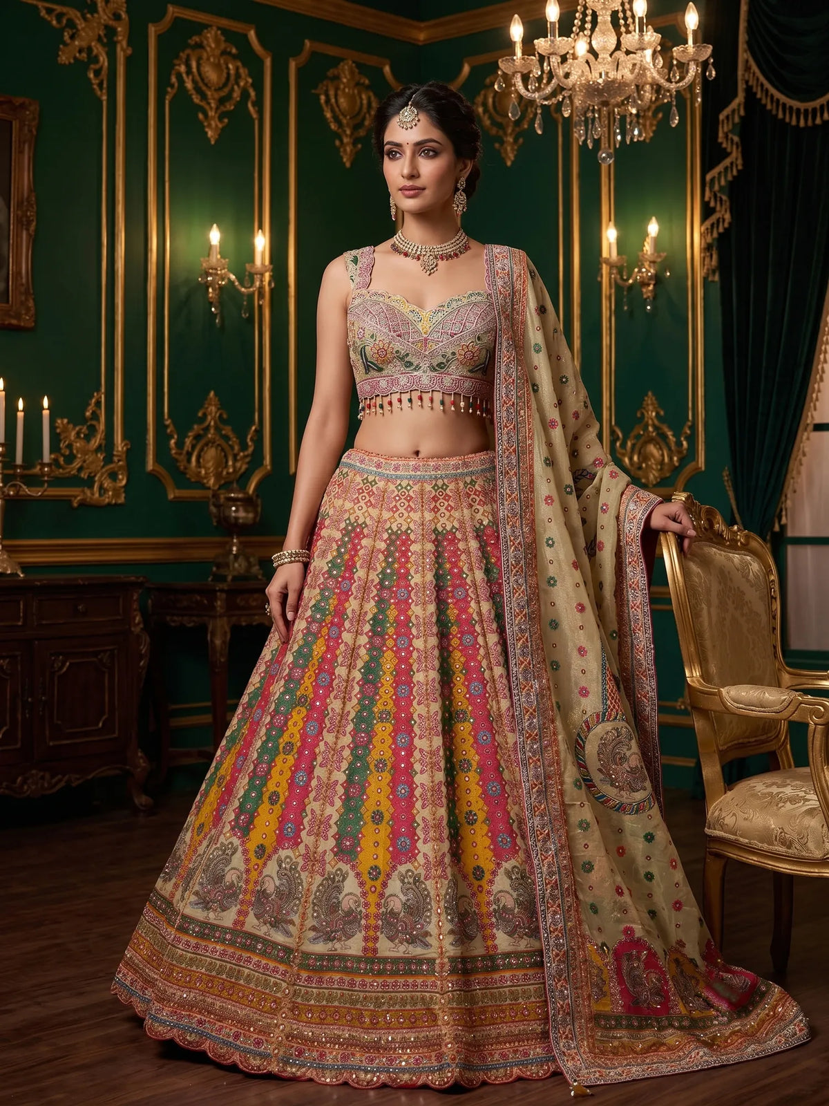 MyFashion KLS-2761 Luxury Multi Color Printed Silk Lehenga With Diamond Work