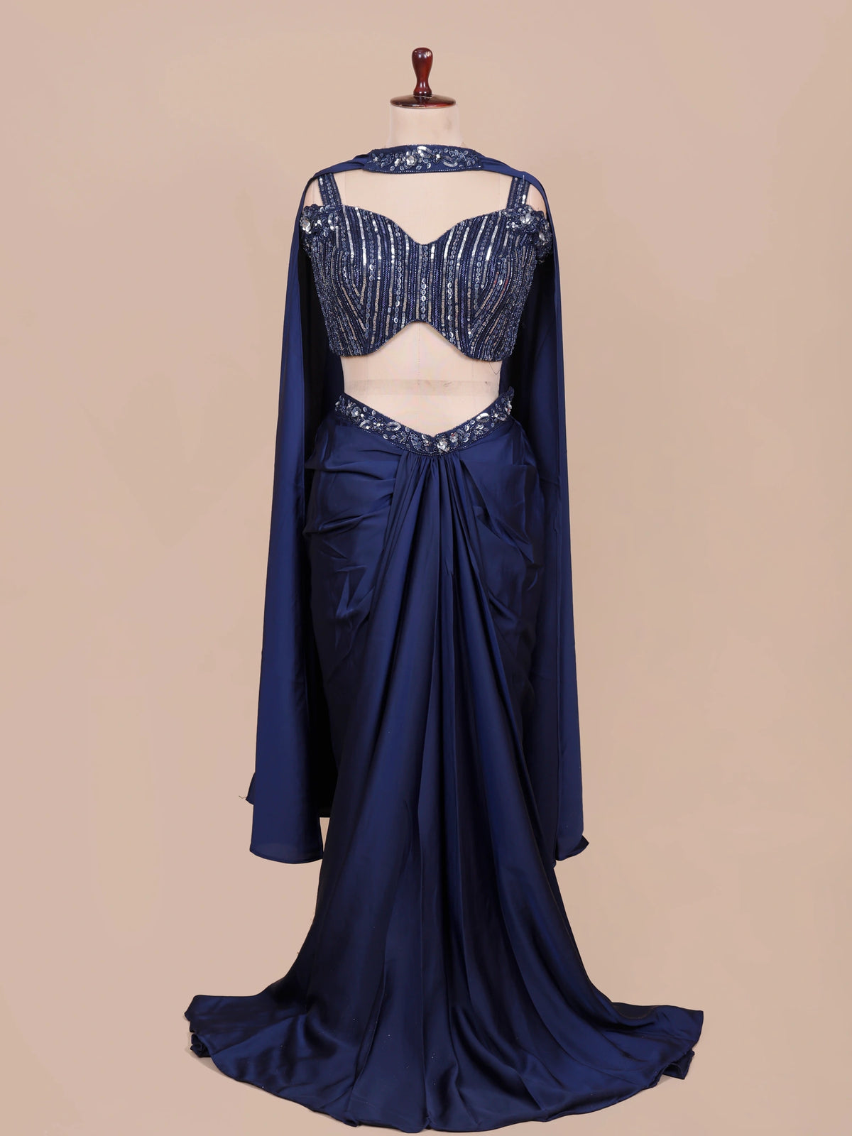 MyFashion KLS-2831 Navy Blue Pre Draped Saree For Party Wear