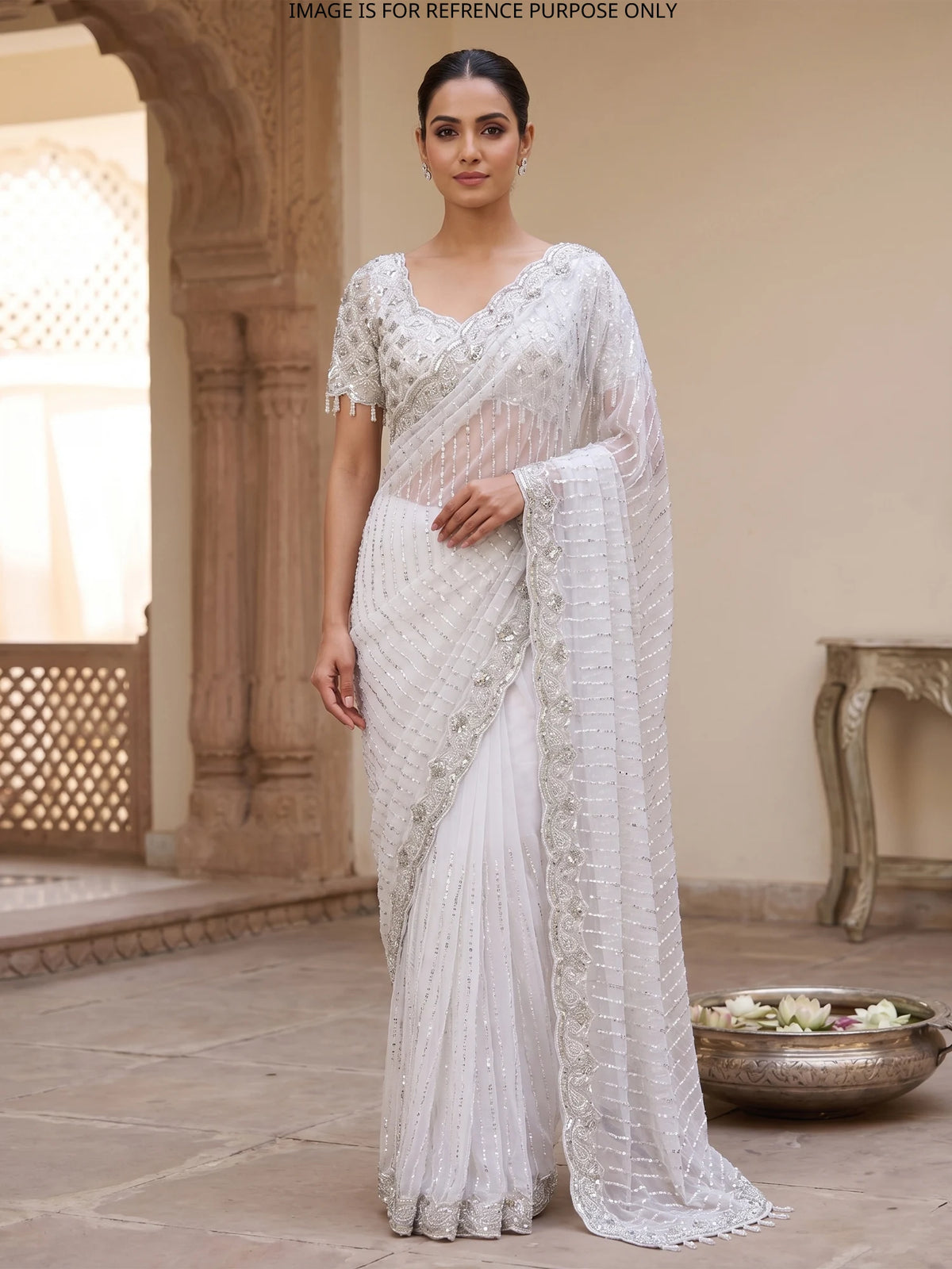 MyFashion KLS-2719 Luxury White Net Heavy Sequins Beads Party Wear Saree