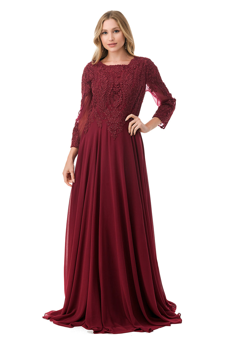 Aspeed Design -M2387 Embroidered Long Sleeve A Line Dress