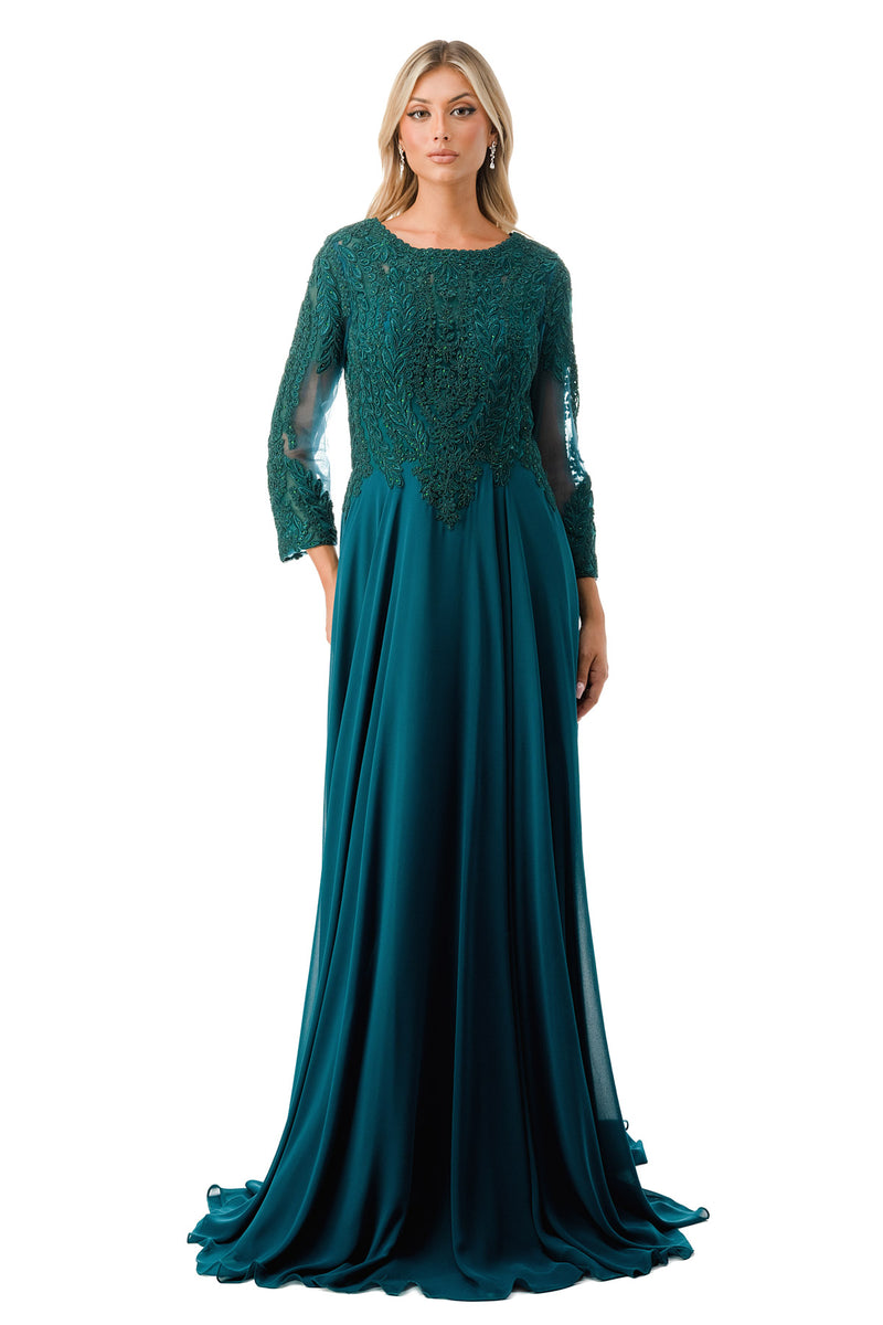 Aspeed Design -M2387 Embroidered Long Sleeve A Line Dress