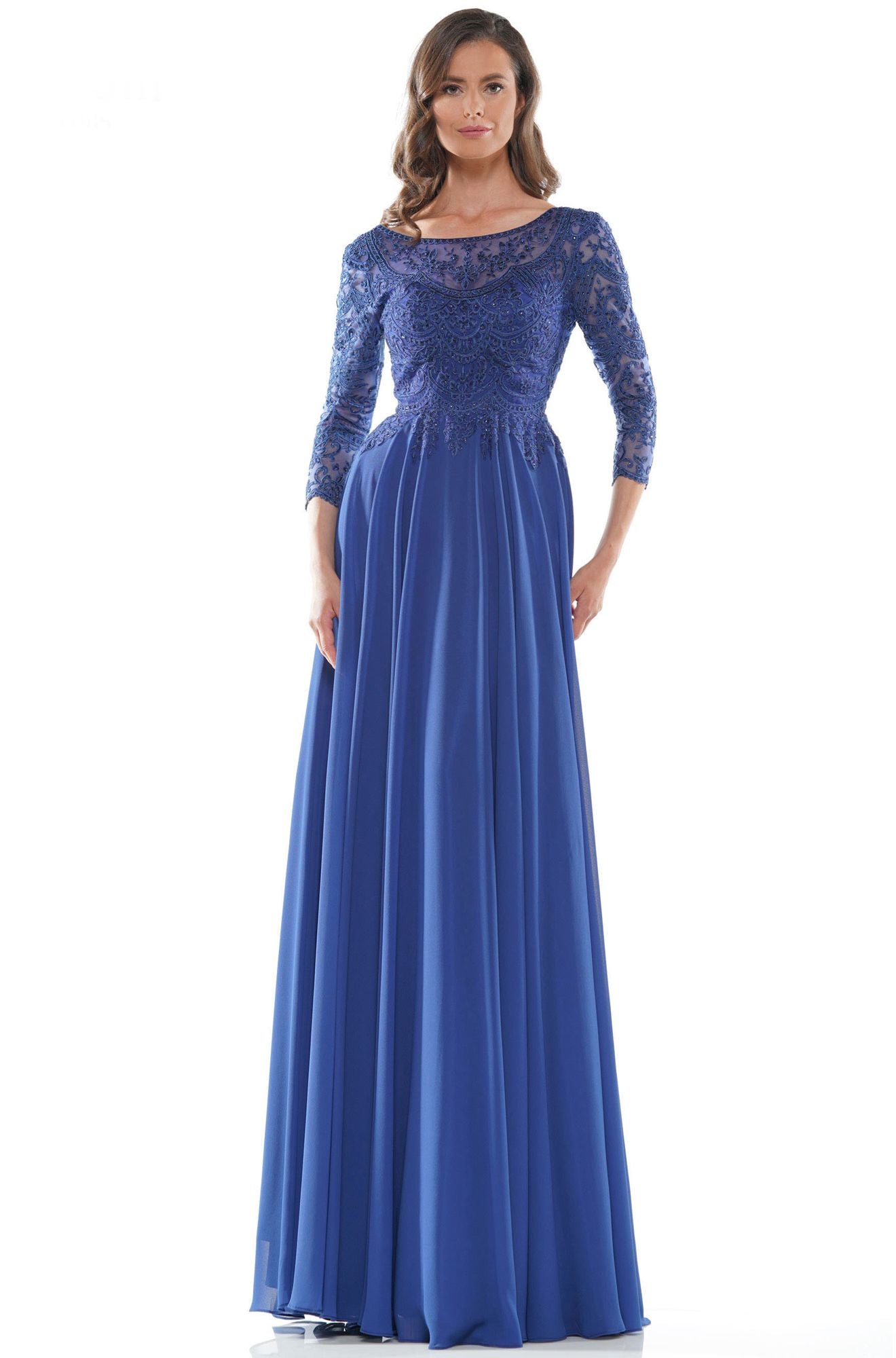 Marsoni by Colors -M238SL A Line Chiffon Dress With Embroidered Bodice And Long Sleeve