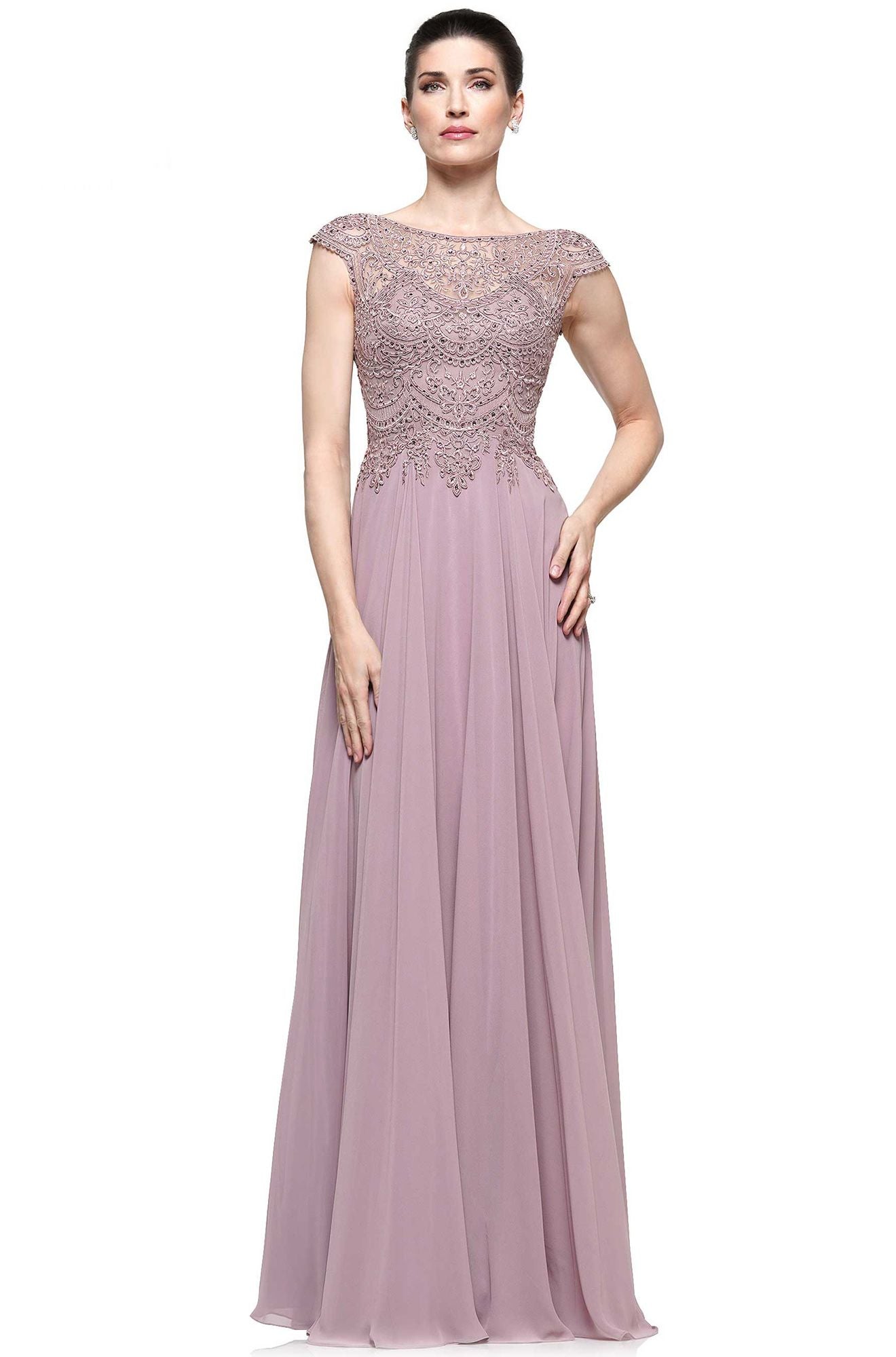 Marsoni by Colors -M238 A Line Chiffon Dress With Embroidered Bodice