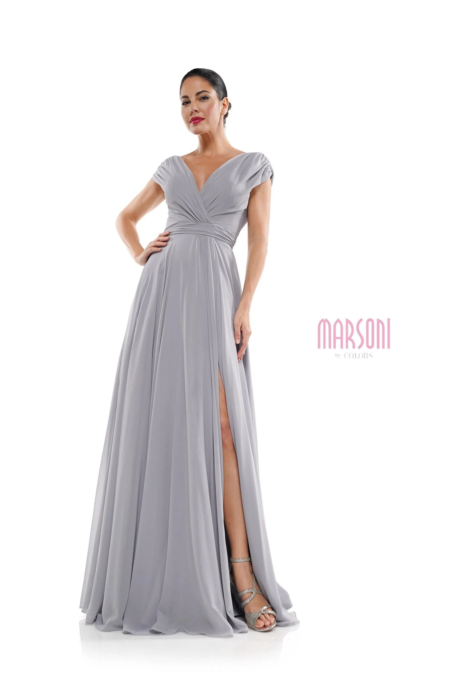 Marsoni by Colors -M251 Chiffon Gathered V-Neck Gown