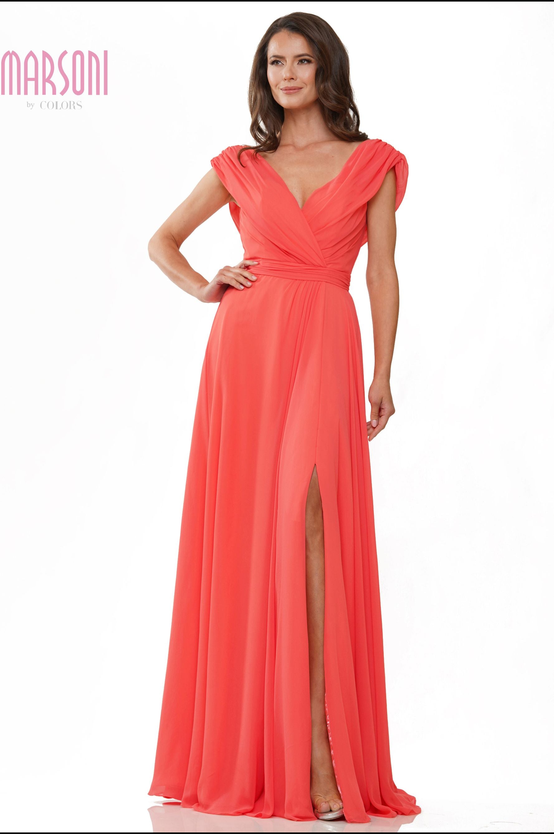 Marsoni by Colors -M251 -1 Chiffon Gathered V-Neck Gown