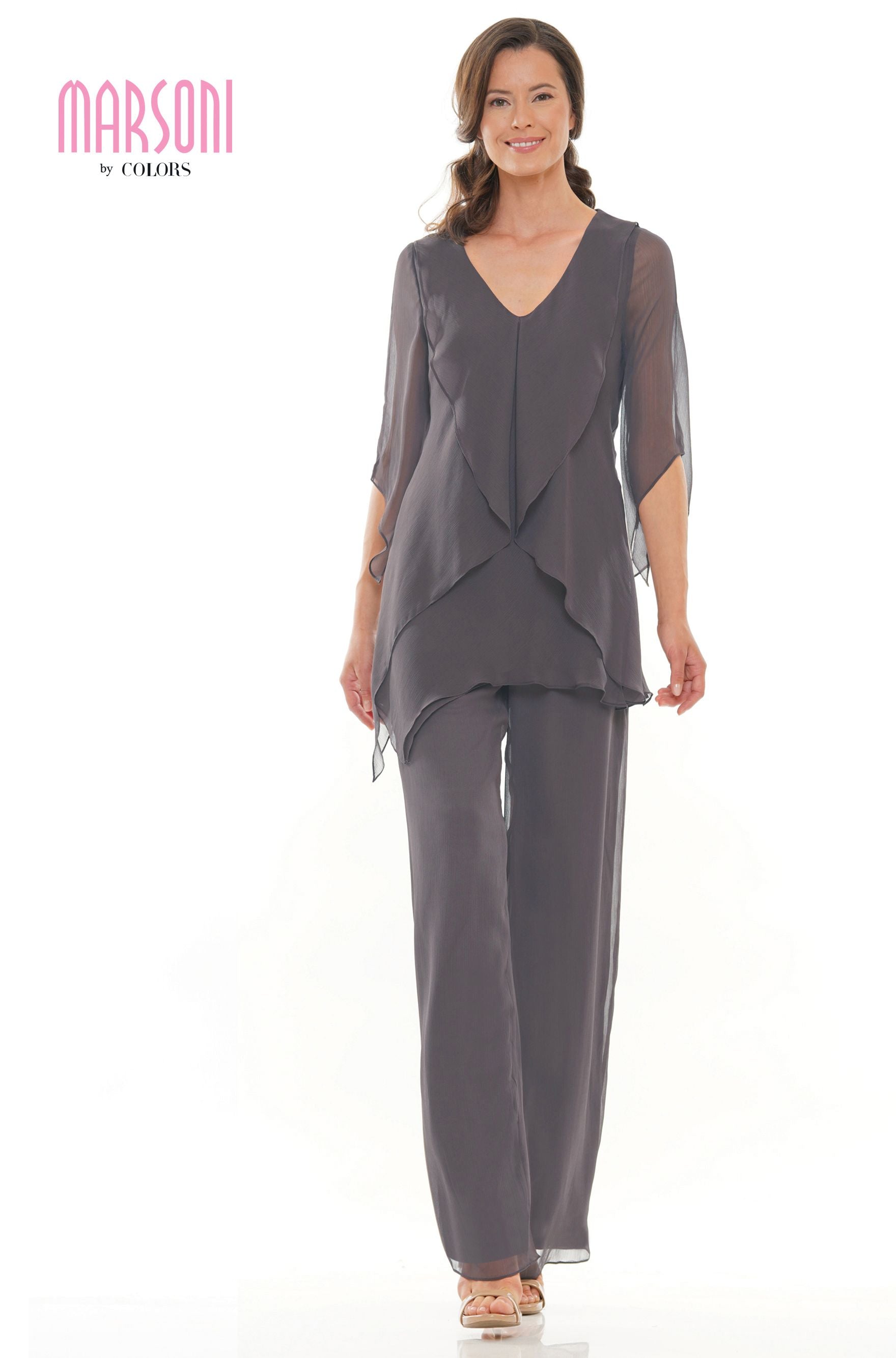 Marsoni by Colors -M308 Chiffon Pantsuit With V Neck