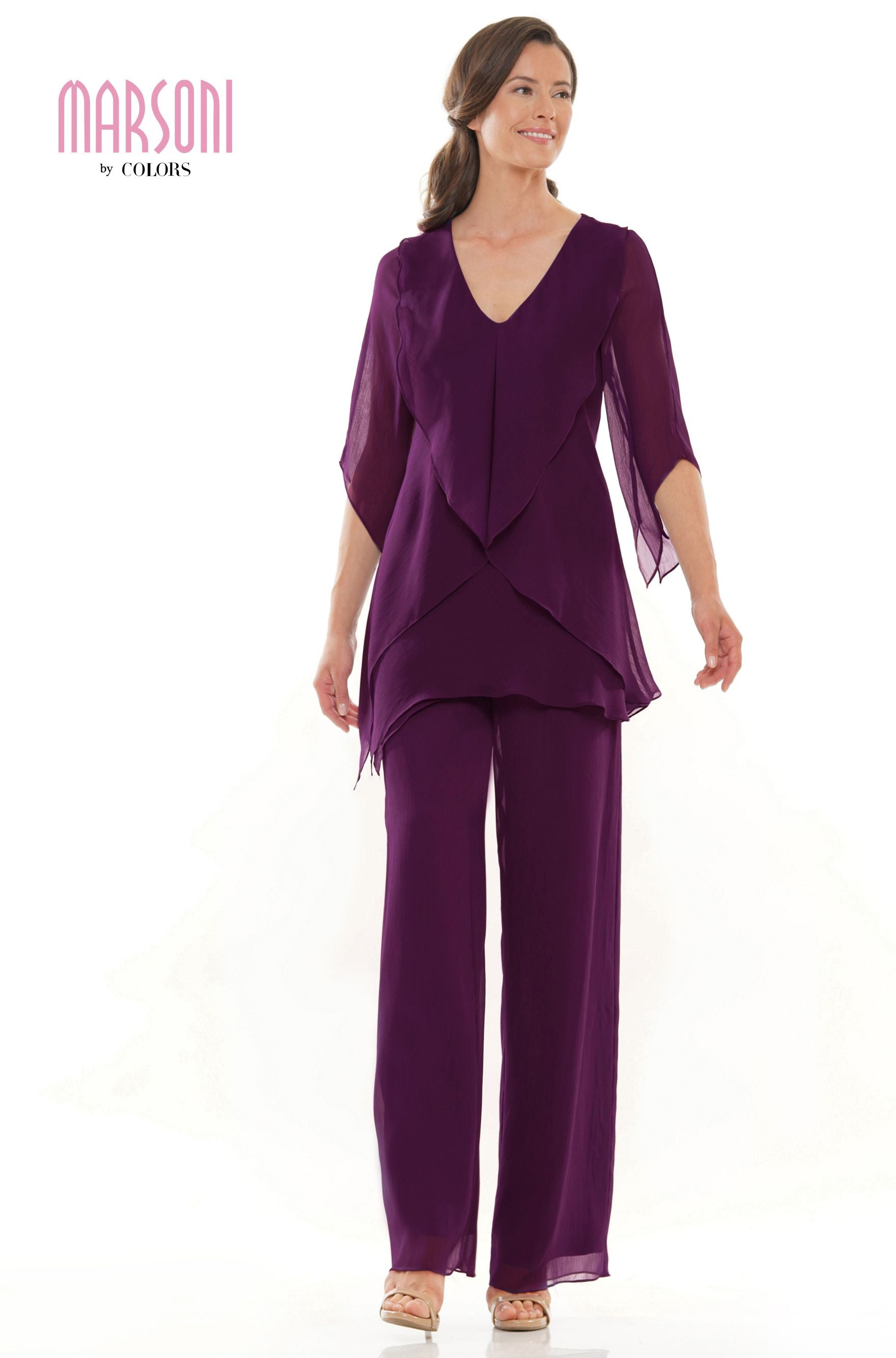 Marsoni by Colors -M308 Chiffon Pantsuit With V Neck