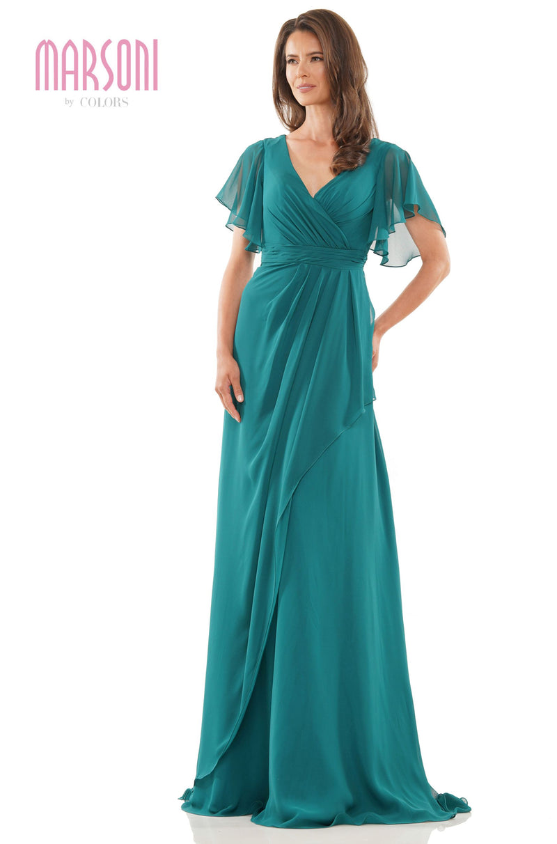Marsoni by Colors -M320 Ruched A Line Dress With Flutter Sleeves
