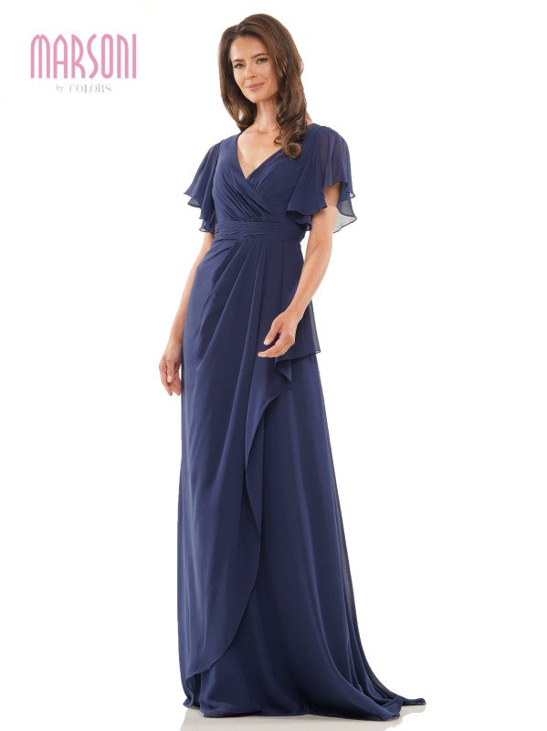 Marsoni by Colors -M320 Ruched A Line Dress With Flutter Sleeves