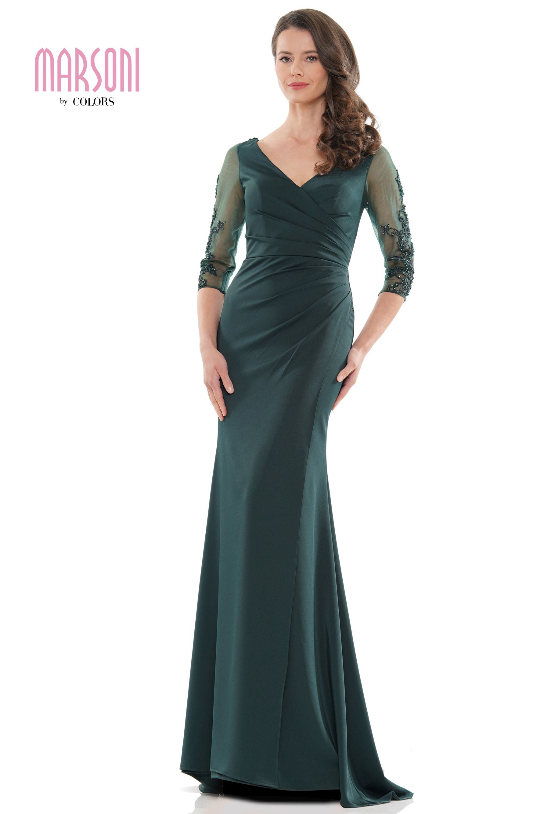 Marsoni by Colors -MV1146 Shirring Dress With Beaded Applique