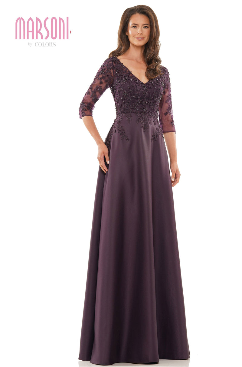 Marsoni by Colors -MV1174 Satin A Line Dress With Beaded Applique