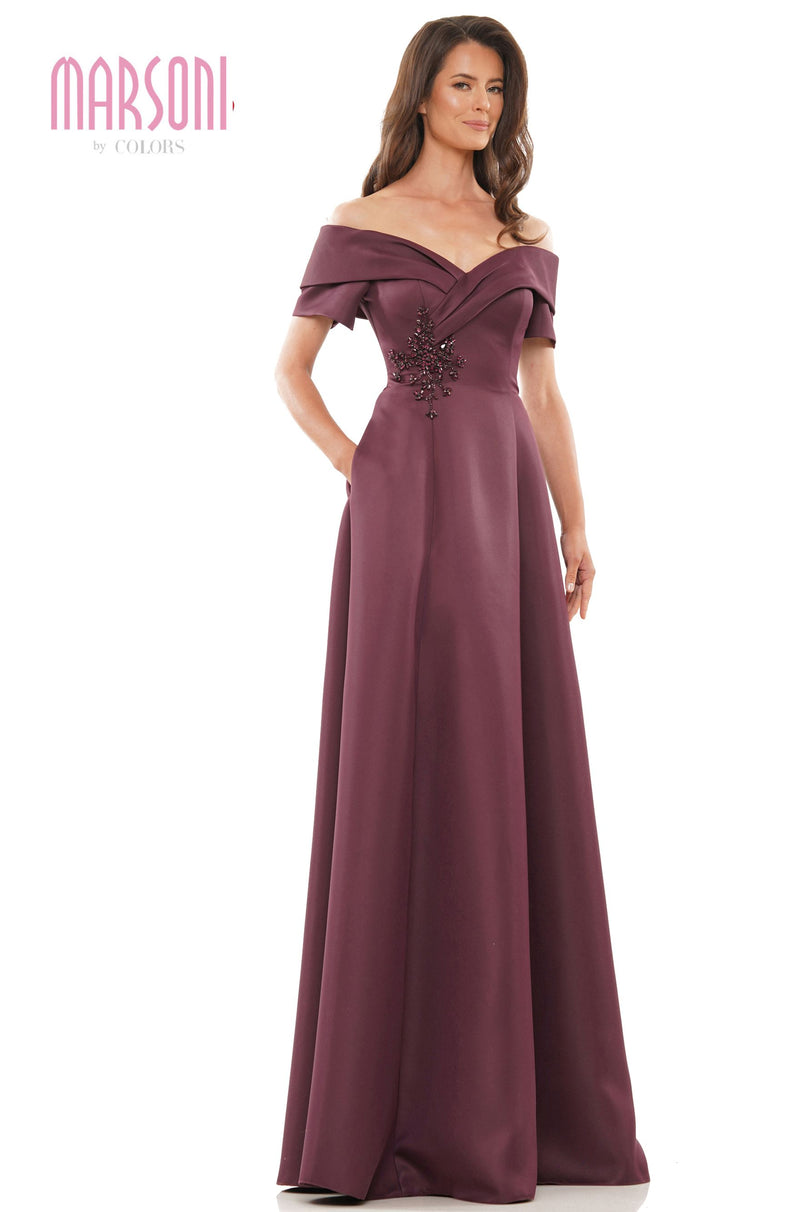 Marsoni by Colors -MV1176 Satin A Line Dress With Off Shoulder