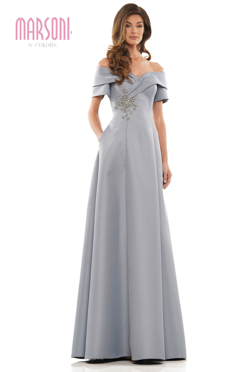 Marsoni by Colors -MV1176 Satin A Line Dress With Off Shoulder