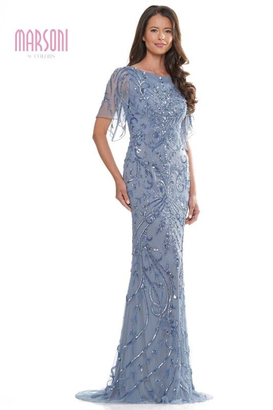 Marsoni by Colors -MV1261 Sleeves Beaded Mesh A-Line Dress