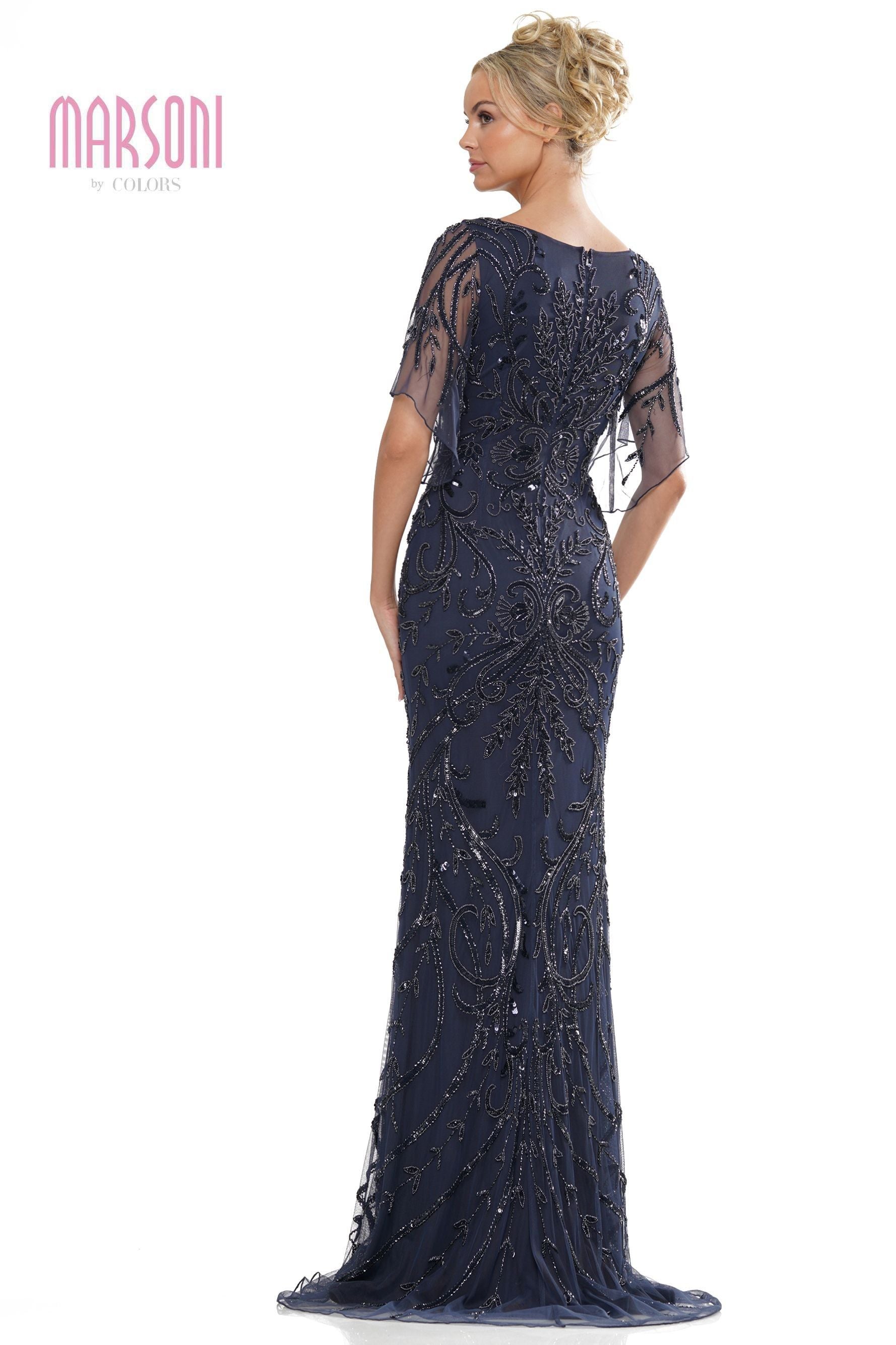 Marsoni by Colors -MV1261 Sleeves Beaded Mesh A-Line Dress