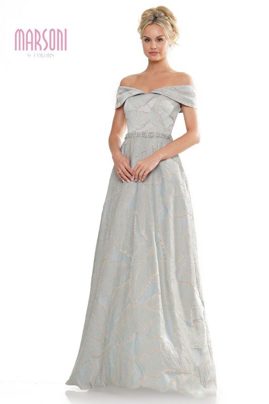 Marsoni by Colors -MV1265 Off-Shoulder Brocade Fit Dress