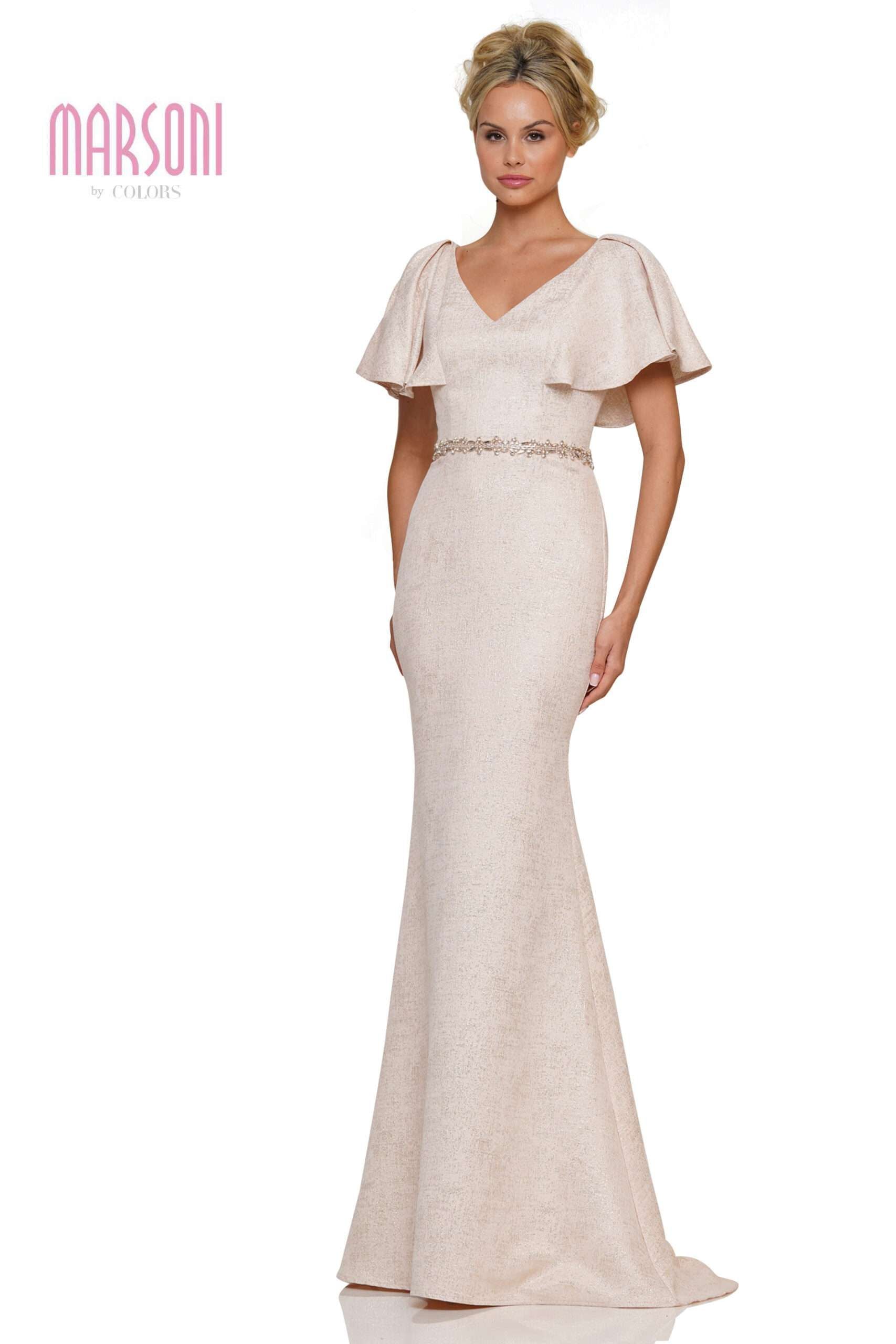 Marsoni by Colors -MV1268 Beaded Belt Ruffles Sleeves Trumpet Dress