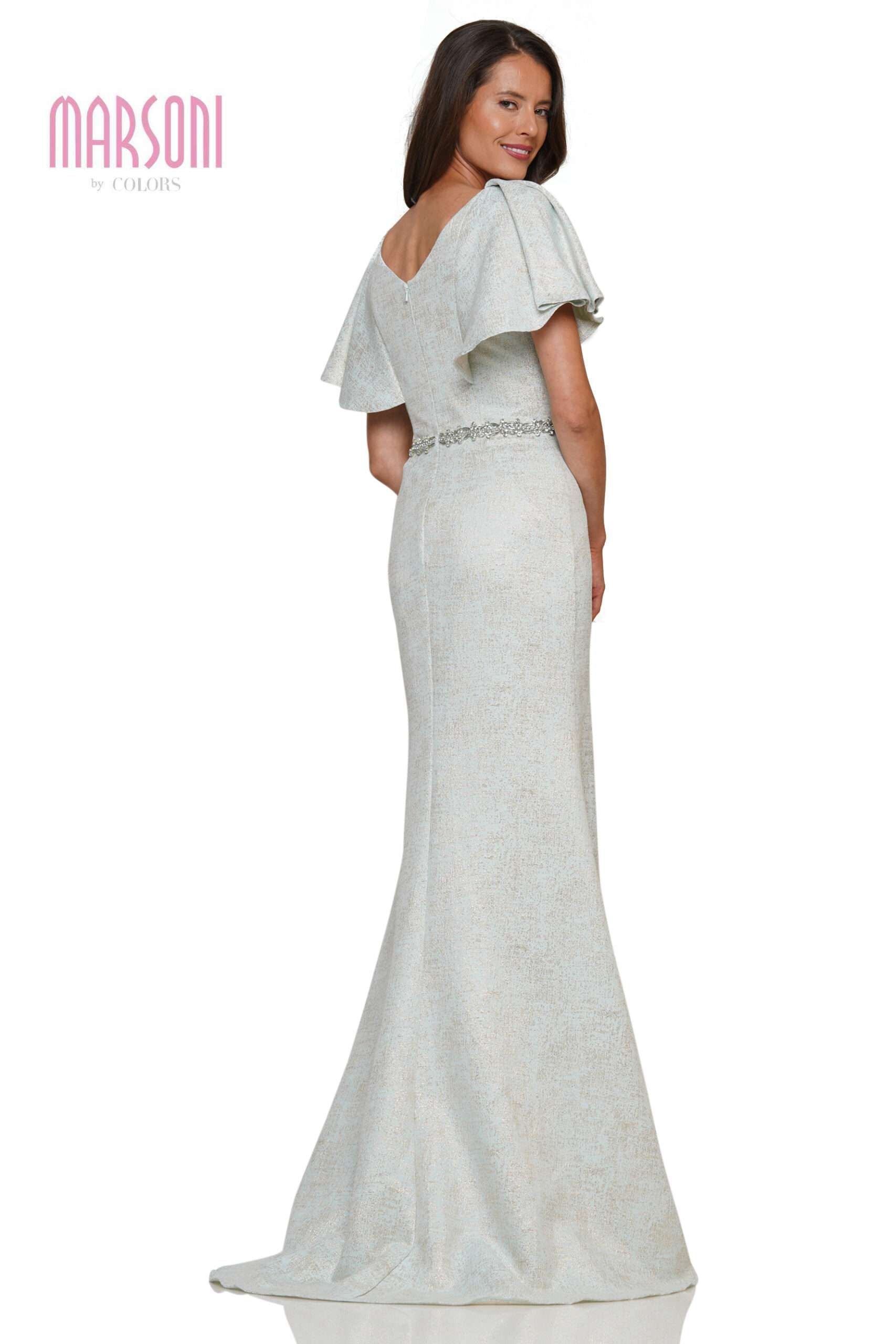 Marsoni by Colors -MV1268 Beaded Belt Ruffles Sleeves Trumpet Dress