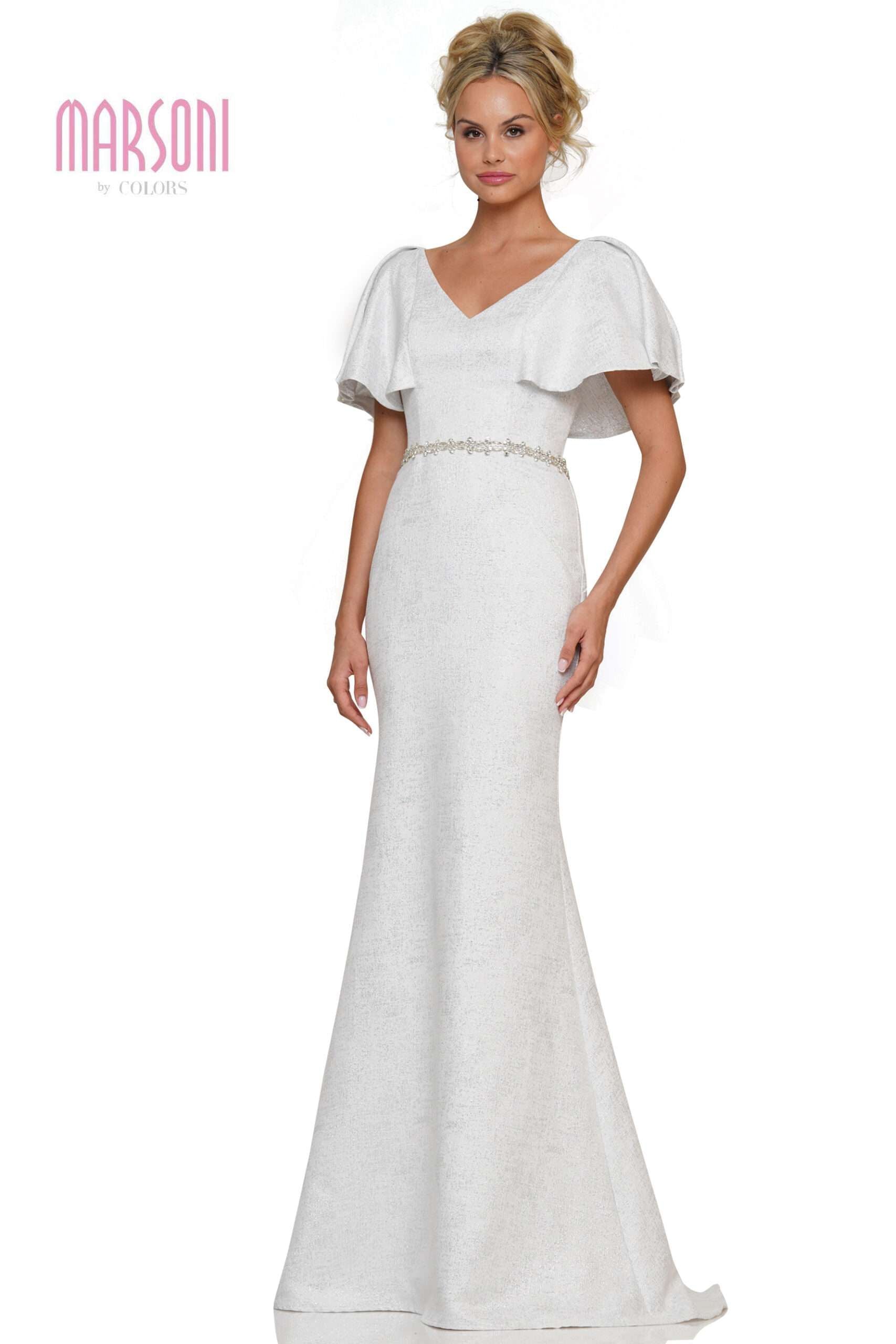 Marsoni by Colors -MV1268 Beaded Belt Ruffles Sleeves Trumpet Dress