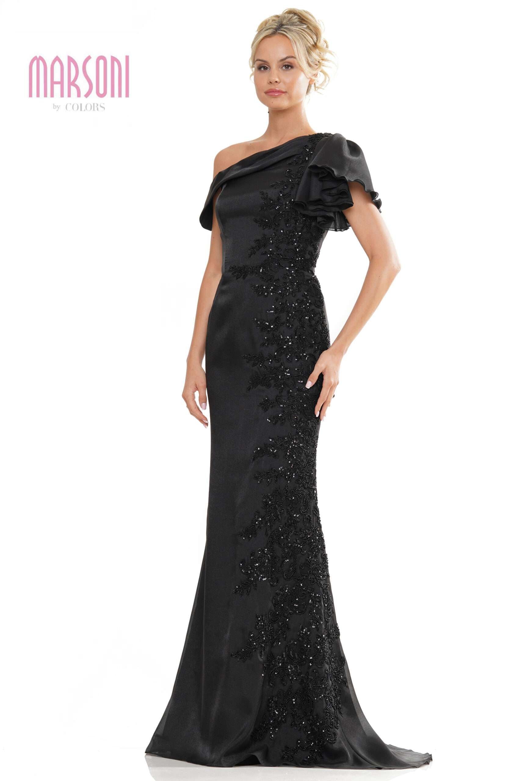 Marsoni by Colors -MV1272 Ruffled One-Shoulder Novelty Organza Gown