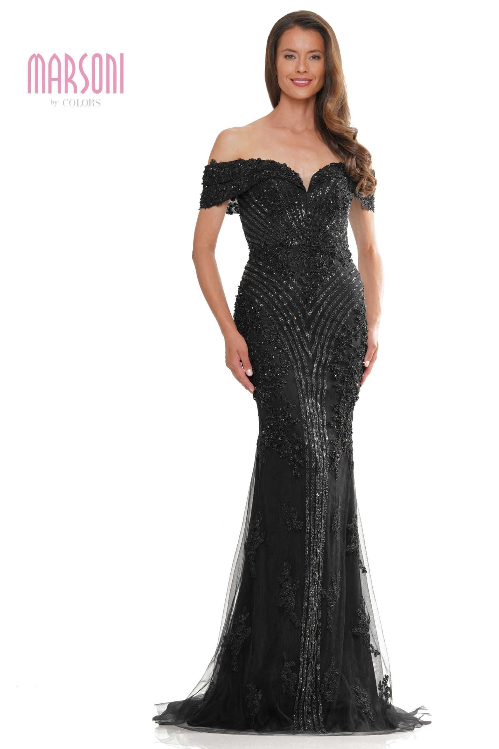 Marsoni by Colors -MV1275 Off-Shoulder Plunging Sweetheart Neck Trumpet Dress