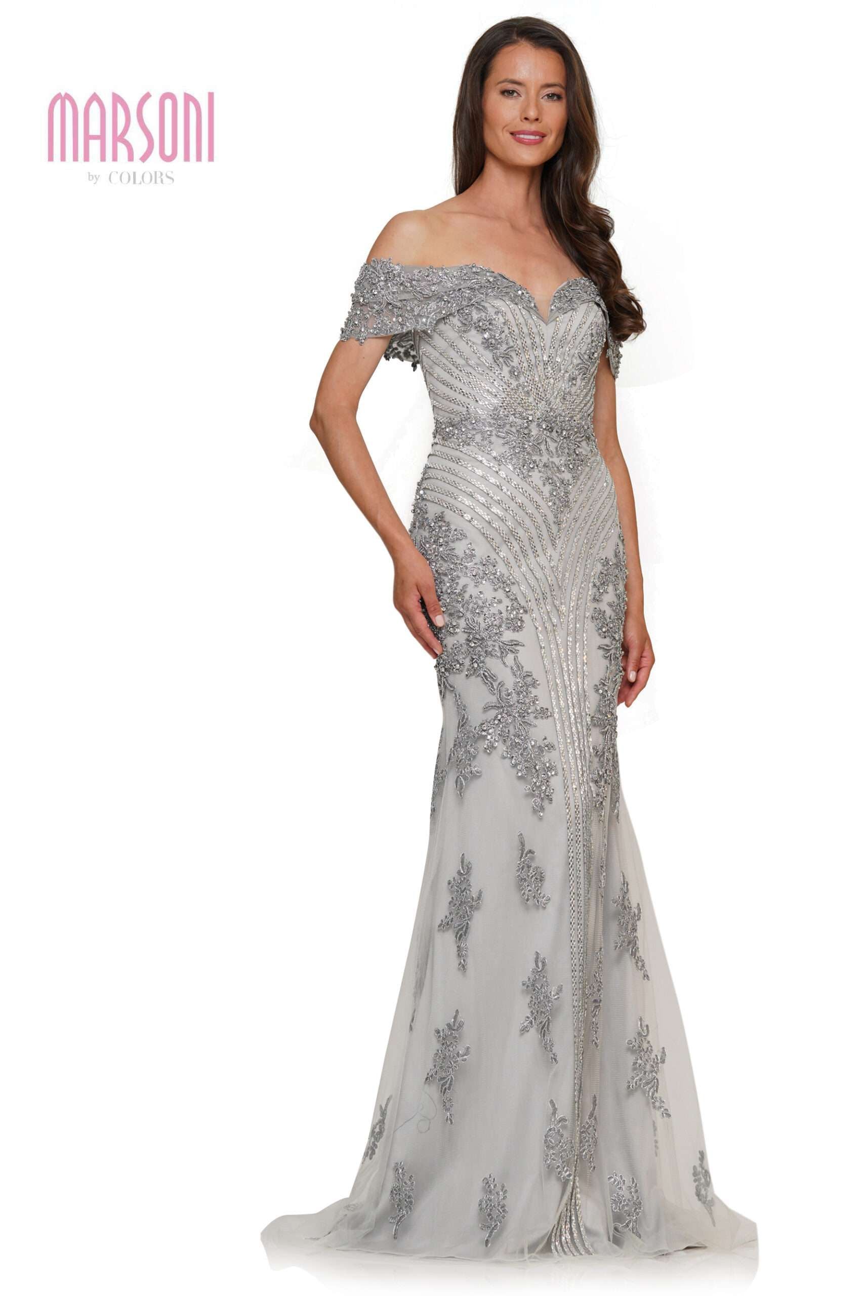 Clearance Sale Marsoni by Colors -MV1275CL Off-Shoulder Plunging Sweetheart Neck Trumpet Dress