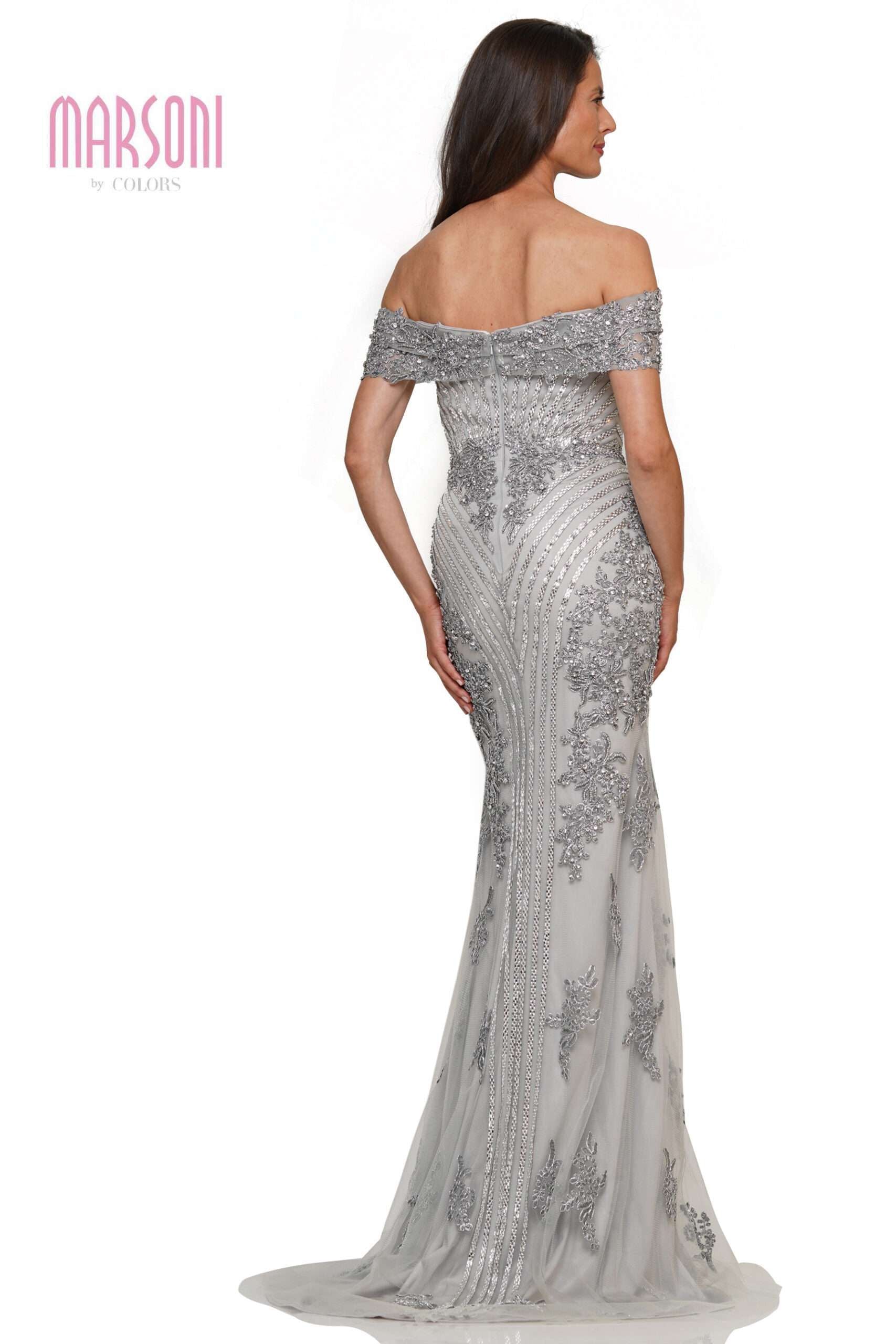 Clearance Sale Marsoni by Colors -MV1275CL Off-Shoulder Plunging Sweetheart Neck Trumpet Dress