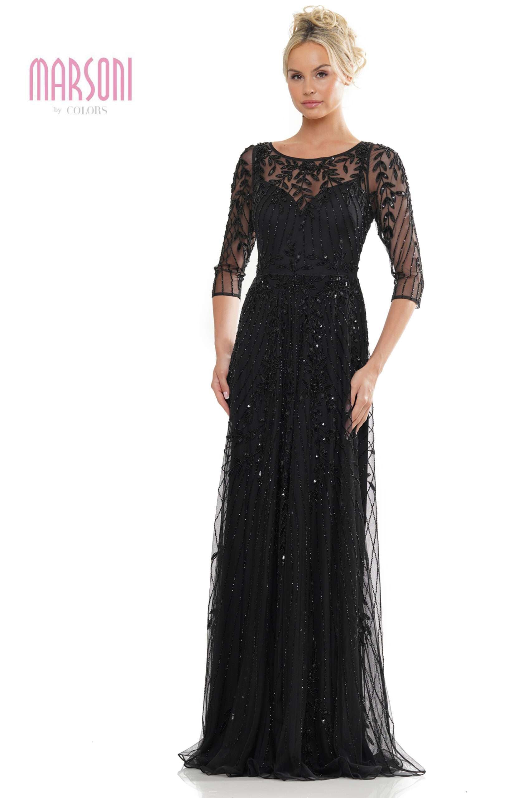 Marsoni by Colors -MV1283 Long Sleeves Mesh Beaded Dress