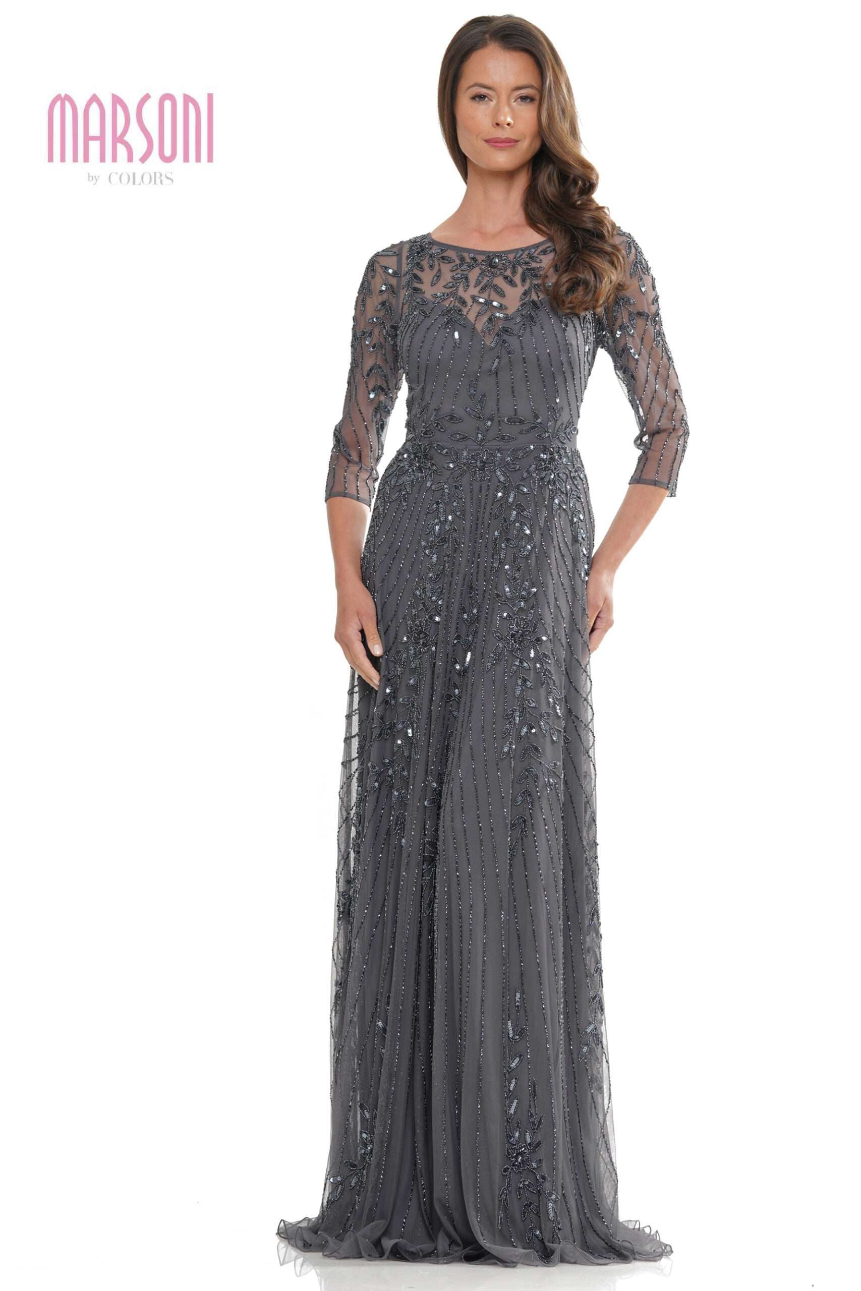 Marsoni by Colors -MV1283 Long Sleeves Mesh Beaded Dress