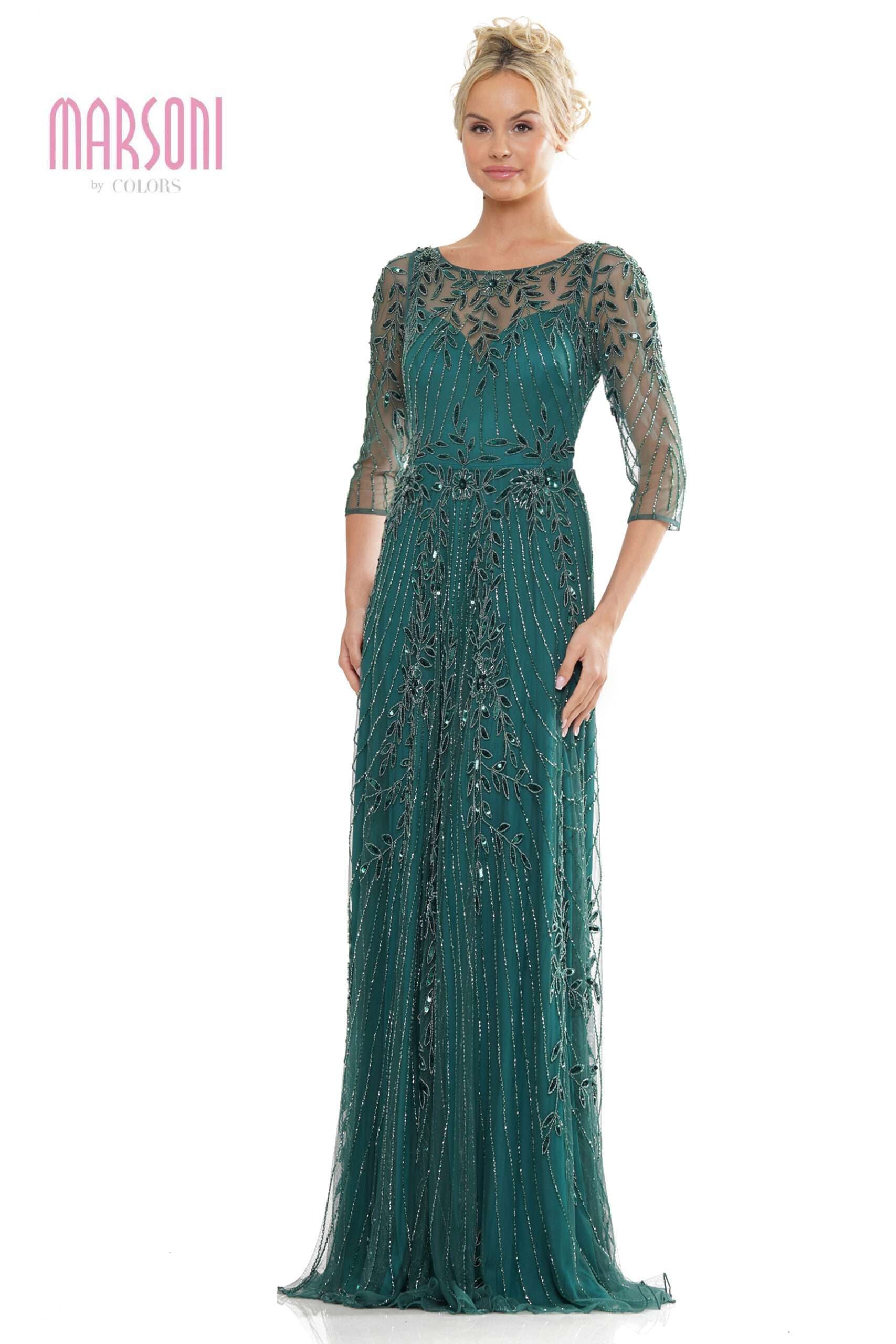 Marsoni by Colors -MV1283 Long Sleeves Mesh Beaded Dress