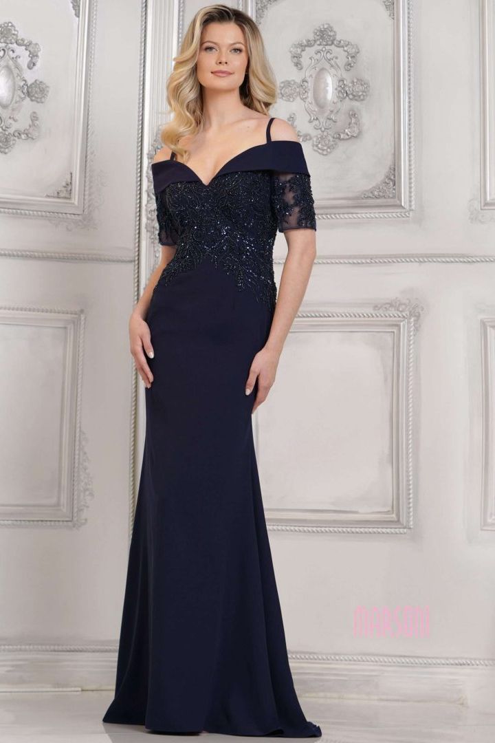 Marsoni by Colors -MV1295 Off Shoulder Beaded Bodice Column Dress