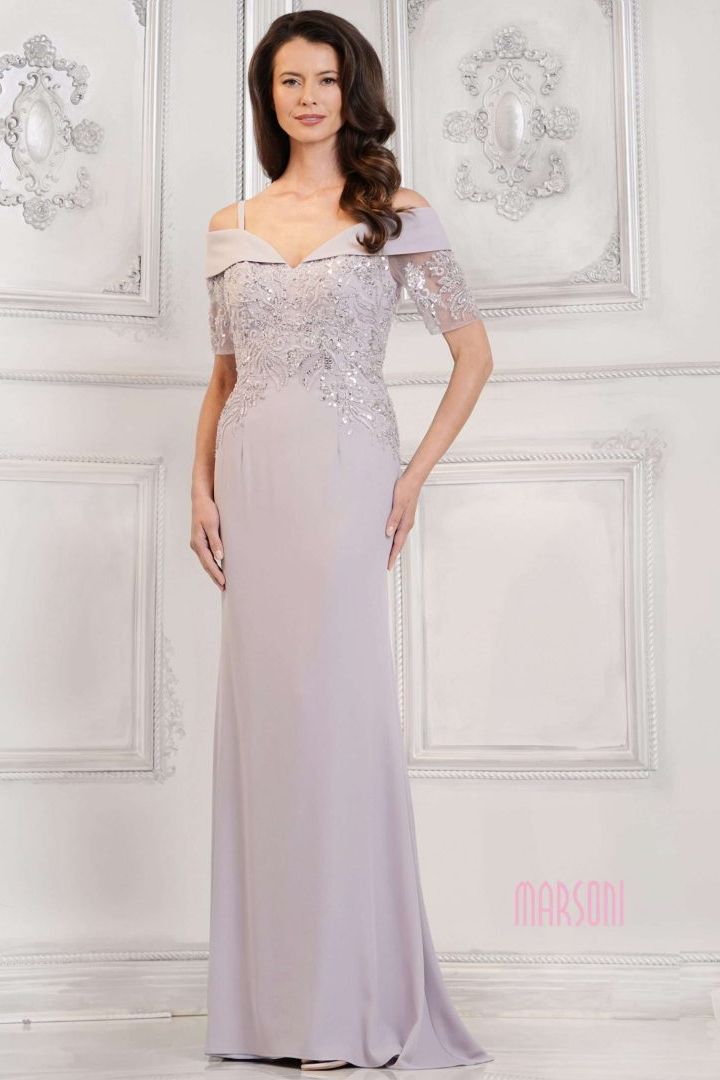 Marsoni by Colors -MV1295 Off Shoulder Beaded Bodice Column Dress