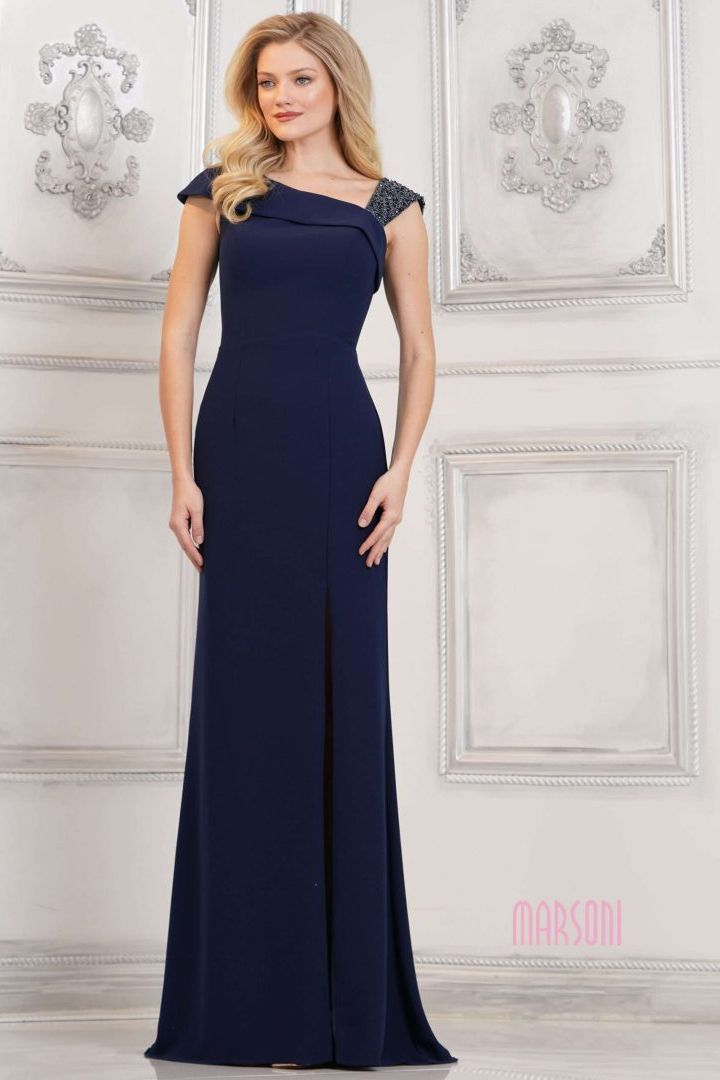 Marsoni by Colors -MV1296 Asymmetric Beaded Crepe Sheath Dress