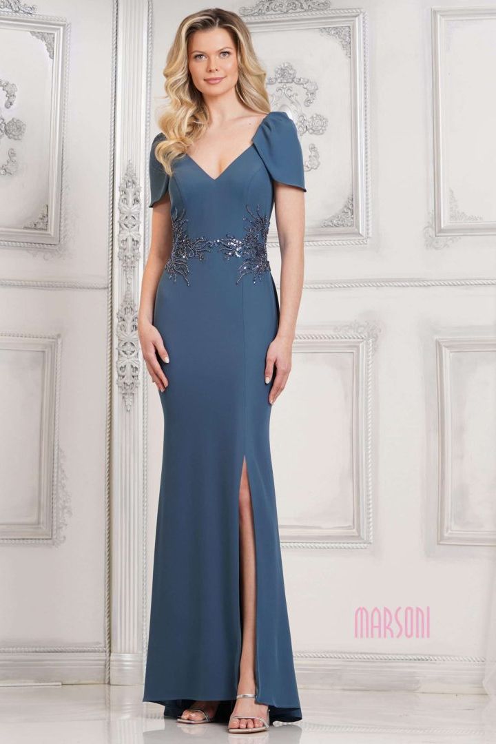 Marsoni by Colors -MV1297 V-Neck Beaded Sheath Dress