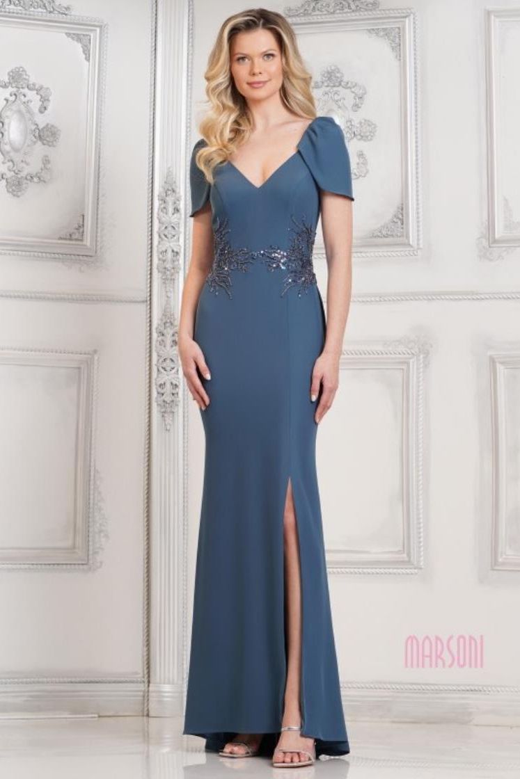 Marsoni by Colors -MV1297A Long crepe Fit & Flare Gown With Tulip Sleeve
