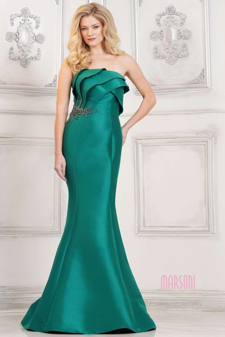 Marsoni by Colors -MV1308 Ruffled Strapless Mikado Embellished Mermaid Dress