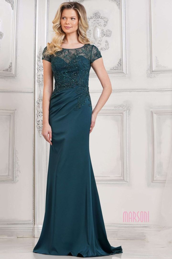 Marsoni by Colors -MV1317 Beaded Bodice Ruched Fitted Sheath Dress