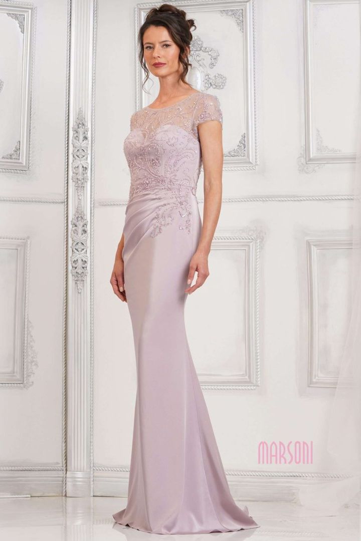 Marsoni by Colors -MV1317 Beaded Bodice Ruched Fitted Sheath Dress